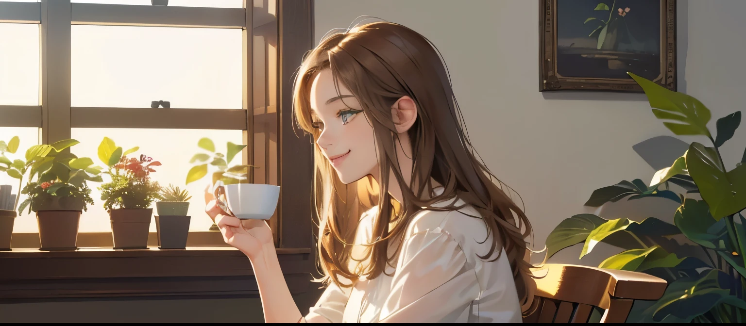 (table top, digital art, digital illustration, 4K, 8K, Super detailed, beautiful images, clear image, realistic, RAW photo, perfect face, )((Office with large windows,night,With a book in hand,Foliage plant)), スーツを着たwoman1人, (profile,Looking at the window,light brown hair,Beauty,cute,beautiful eyes,natural makeup,smile gently,A cup,woman, 23 years old:1.3)、romance