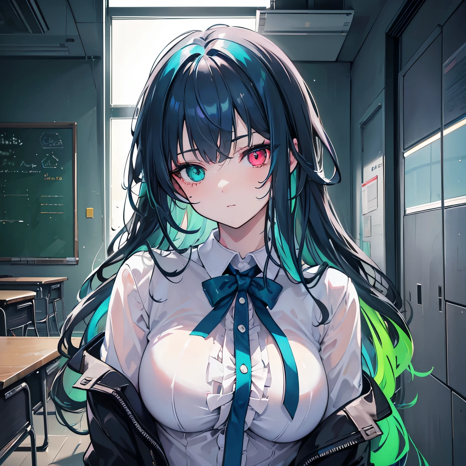 ((heterochromia)), close up portrait of A beautiful 20 yo woman, medium breasts, dark blue hair, green eyes, wavy hair, long hair, ((neon)), (pov), selfie, cinematic lighting, look at veiwer, wearing collared shirt in classroom.
