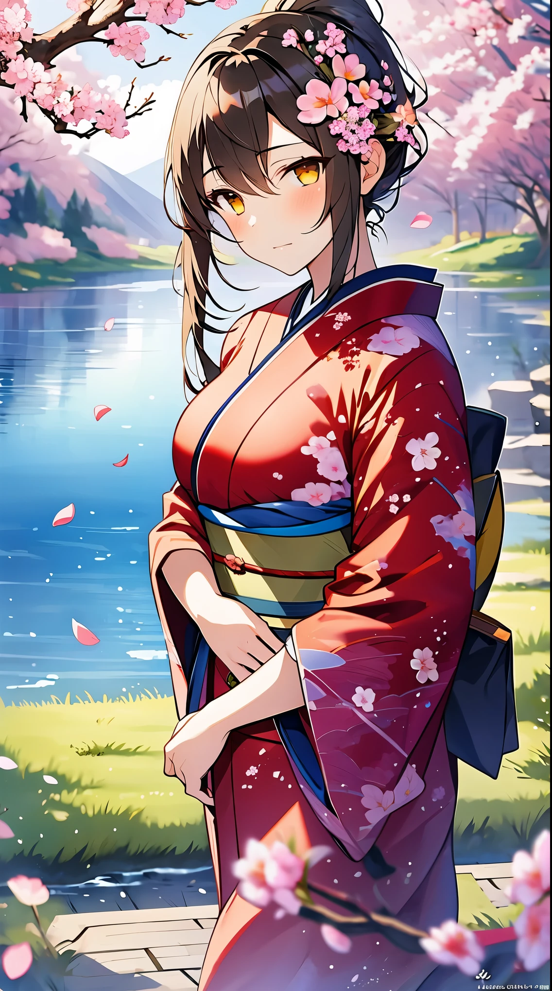 Asuna, masterpiece, best quality, detailed, (1 girl), alone, detailed golden eyes, long hair, permanent, close to viewer, (detailed kimono), faint smile, medium breasts,  (Put your arms behind your back), water, Sunset, (hair accessories), (cherry blossoms in bloom),  Snowy mountains and lake in the background