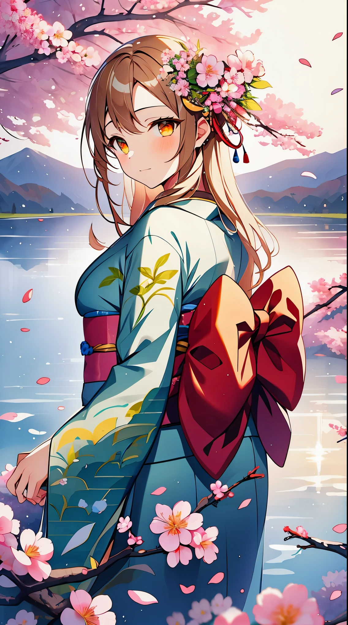 Asuna, masterpiece, best quality, detailed, (1 girl), alone, detailed golden eyes, long hair, permanent, close to viewer, (detailed kimono), faint smile, medium breasts,  (Put your arms behind your back), water, Sunset, (hair accessories), (cherry blossoms in bloom),  Snowy mountains and lake in the background