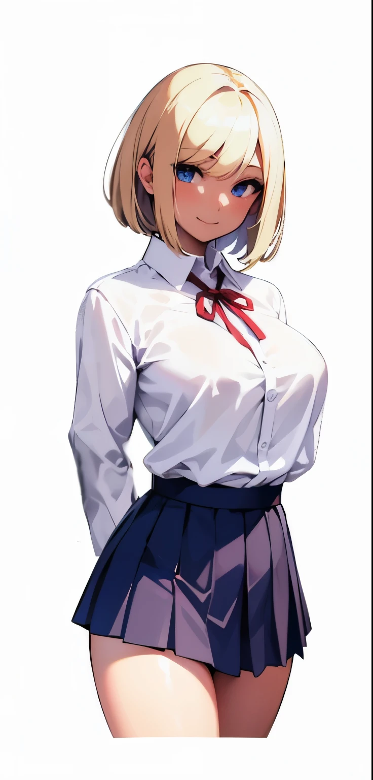 (best quality,4k,highres,masterpiece:1.2),ultra-detailed,(realistic:1.37),blonde-haired ponytail,girl with big round blue eyes,shiny skin,school uniform,pleated mini skirt,classroom,school,sunset,blurry background,warm tone,smiling,happy smile,close-up of upper body,anime style,wallpaper,avatar,close-up of the head, naughty smile:1.6),
Break,From side, standing, solo, Upper body
,BREAK,gal,1Girl, jitome, blue eyes, hair over one eye, large breasts
BREAK, chocolate brown skin, dark skin, tan
 BREAK, blonde hair, bob cut
BREAK ,School Uniforms,sleeves past wrists,  check skirt ,brown cardigan is fit body,inner wear is white collared-shirt, unbuttoned, BREAK, uniform red ribbon,