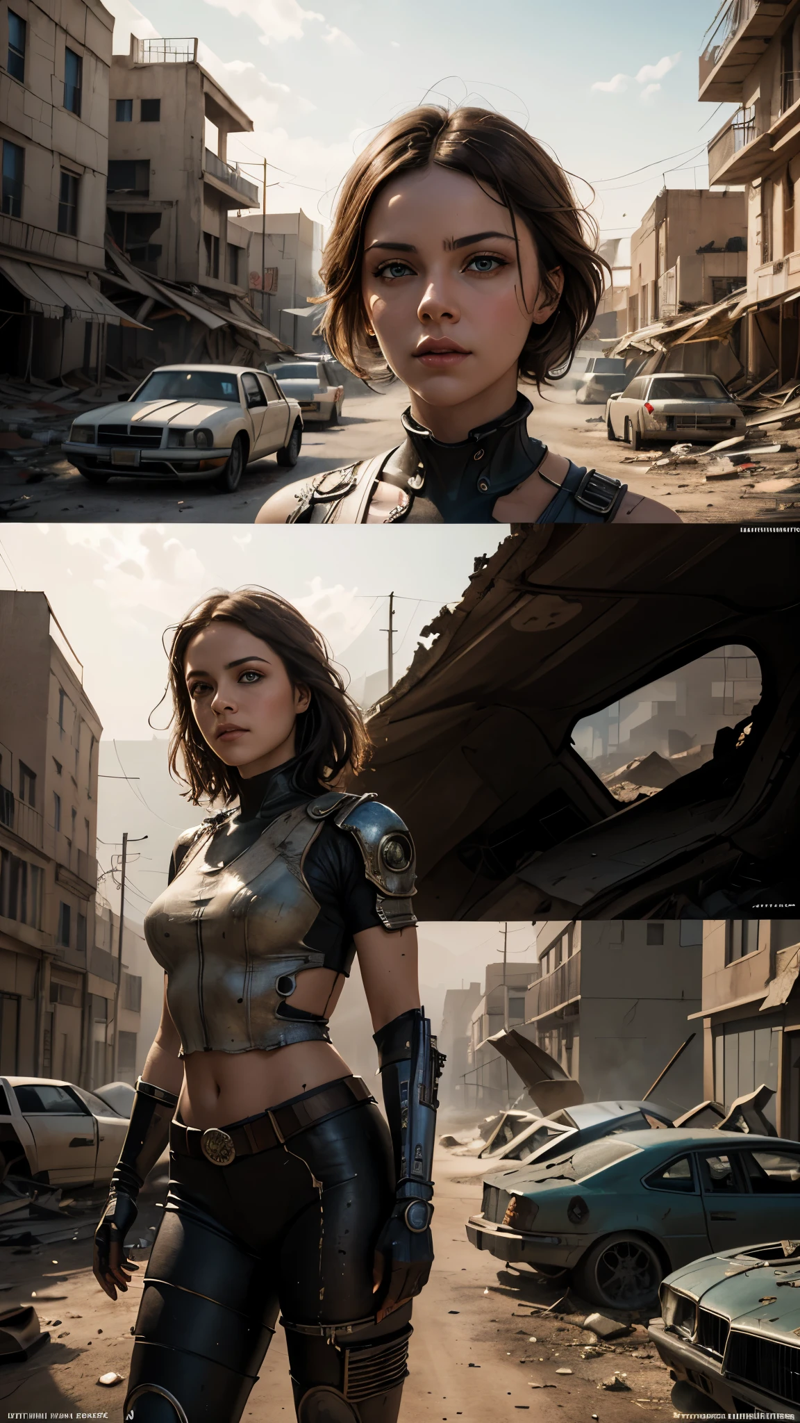 post-apocalyptic art, Madonna, 25 years old, as a beautiful madmax woman in a cybernetic suit, very short light brown hair, green eyes, detailed skin texture, detailed cloth texture, beautiful detailed perfect face, she is in a desert city amid wrecked cars and ruined buildings, intricate sharp details, ultra high resolution, professional ominous concept art by artgerm and greg rutkowski, an intricate, elegant and highly detailed digital painting, conceptual art, soft and sharp focus, illustration, in the style of Simon Stalenhag, Wayne Barlowe and Igor Kieryluk.