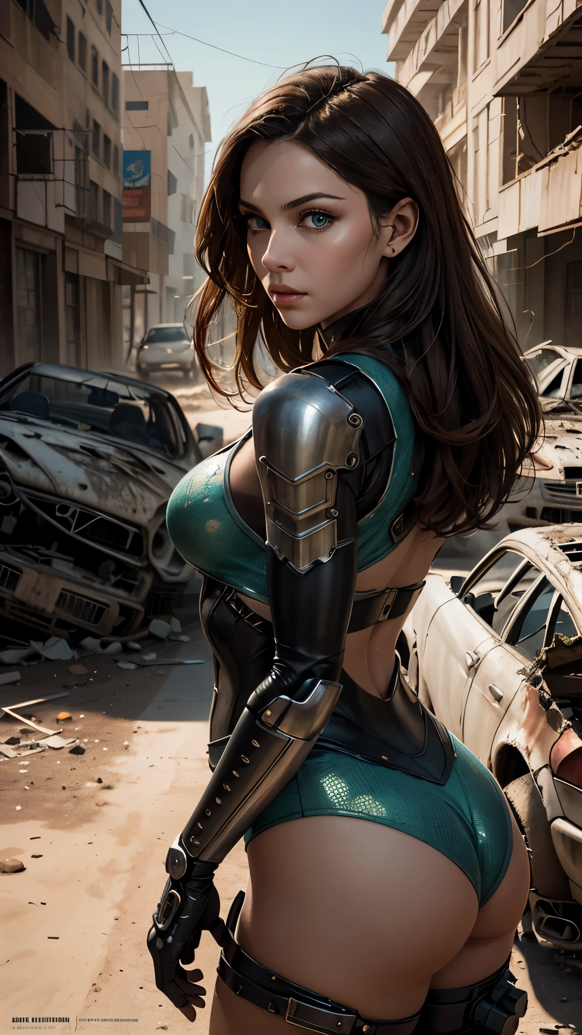 post-apocalyptic art, Madonna, 25 years old, as a beautiful madmax woman in a cybernetic suit, very short light brown hair, green eyes, detailed skin texture, detailed cloth texture, beautiful detailed perfect face, she is in a desert city amid wrecked cars and ruined buildings, intricate sharp details, ultra high resolution, professional ominous concept art by artgerm and greg rutkowski, an intricate, elegant and highly detailed digital painting, conceptual art, soft and sharp focus, illustration, in the style of Simon Stalenhag, Wayne Barlowe and Igor Kieryluk. 