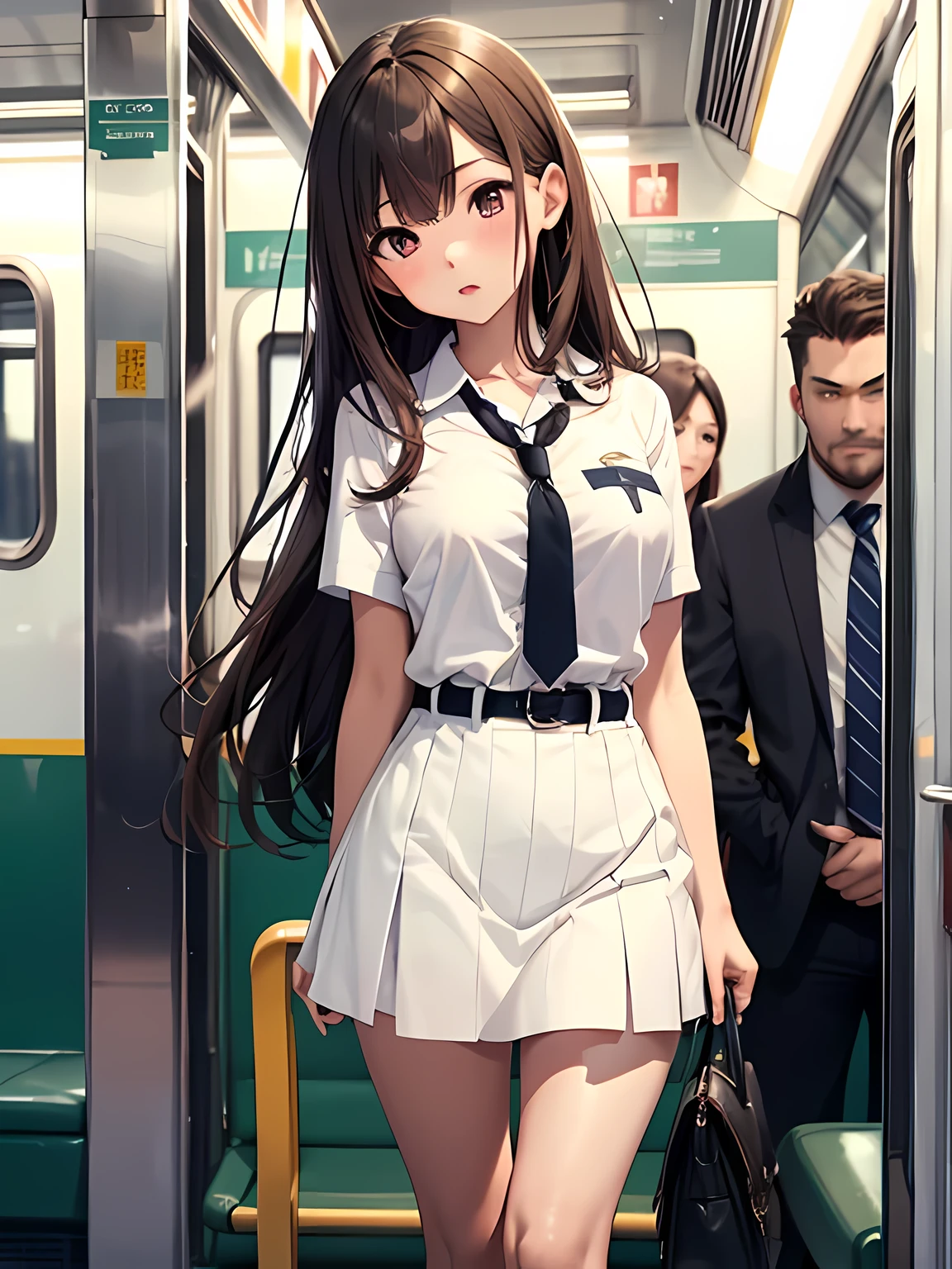 masterpiece, highest quality,NSFW,,1 girl, alone,Shouko Nishimiya, light brown hair, long hair, shiny hair, perfect face, shiny skin, , 超detailedな茶色の目, (big breasts:0.9),((multiple men surround the girl)),blush all over the face,embarrassing,((Wearing a summer uniform,white shirt)),((stand in the train)), :o head tilt,more_detailed:1.5,