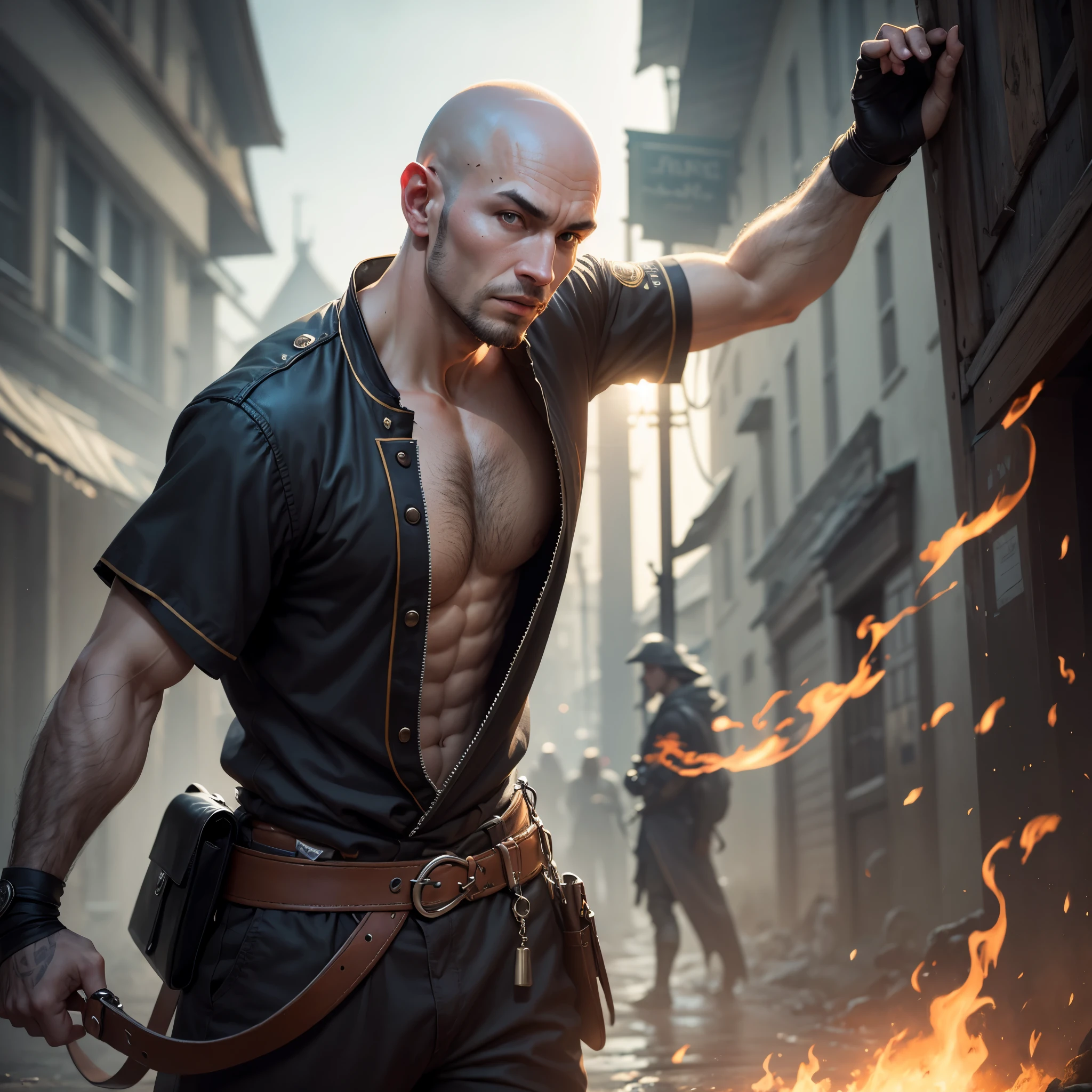 (a young, 25) bald monk,athletic,"European feature","white fighting gi with platinum trim","holy energy with a dragon motif swirling around him",battling the undead,"in a village at night","best quality,4k,8k,highres,masterpiece:1.2",ultra-detailed,"realistic,photorealistic,photo-realistic:1.37",HDR,UHD,"studio lighting","sharp focus","physically-based rendering","extremely detailed eyes and face","vivid colors",portraits,landscape,dark and mysterious colors,Dramatic lighting