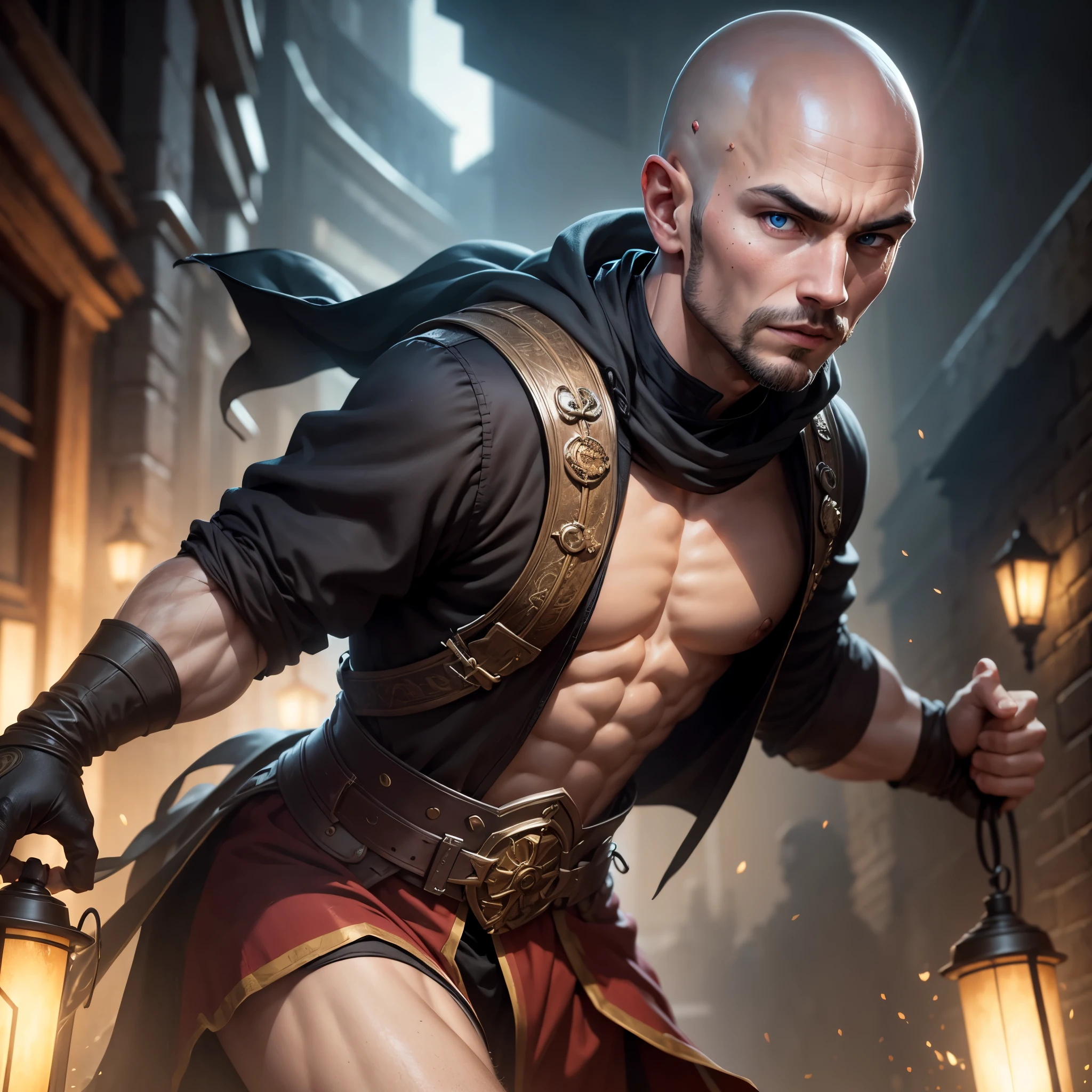 (a young, 25) bald monk,athletic,"European feature","white fighting gi with platinum trim","holy energy with a dragon motif swirling around him",battling the undead,"in a village at night","best quality,4k,8k,highres,masterpiece:1.2",ultra-detailed,"realistic,photorealistic,photo-realistic:1.37",HDR,UHD,"studio lighting","sharp focus","physically-based rendering","extremely detailed eyes and face","vivid colors",portraits,landscape,dark and mysterious colors,Dramatic lighting