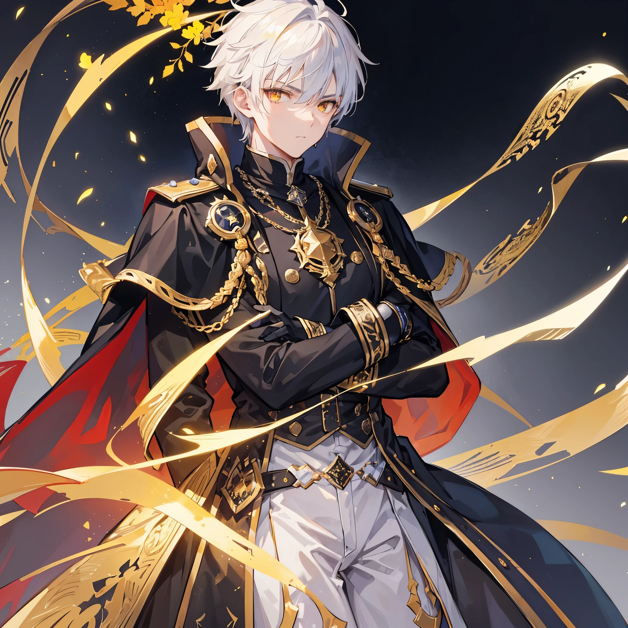 Handsome male, 17 years old, short white hair, glowing golden eyes, galahad from fate, close up, calm expression, stoic, black military clothes, black cape, golden gloves, crossed arms, upper body, looking at viewer, cowboy shot, dark castle background