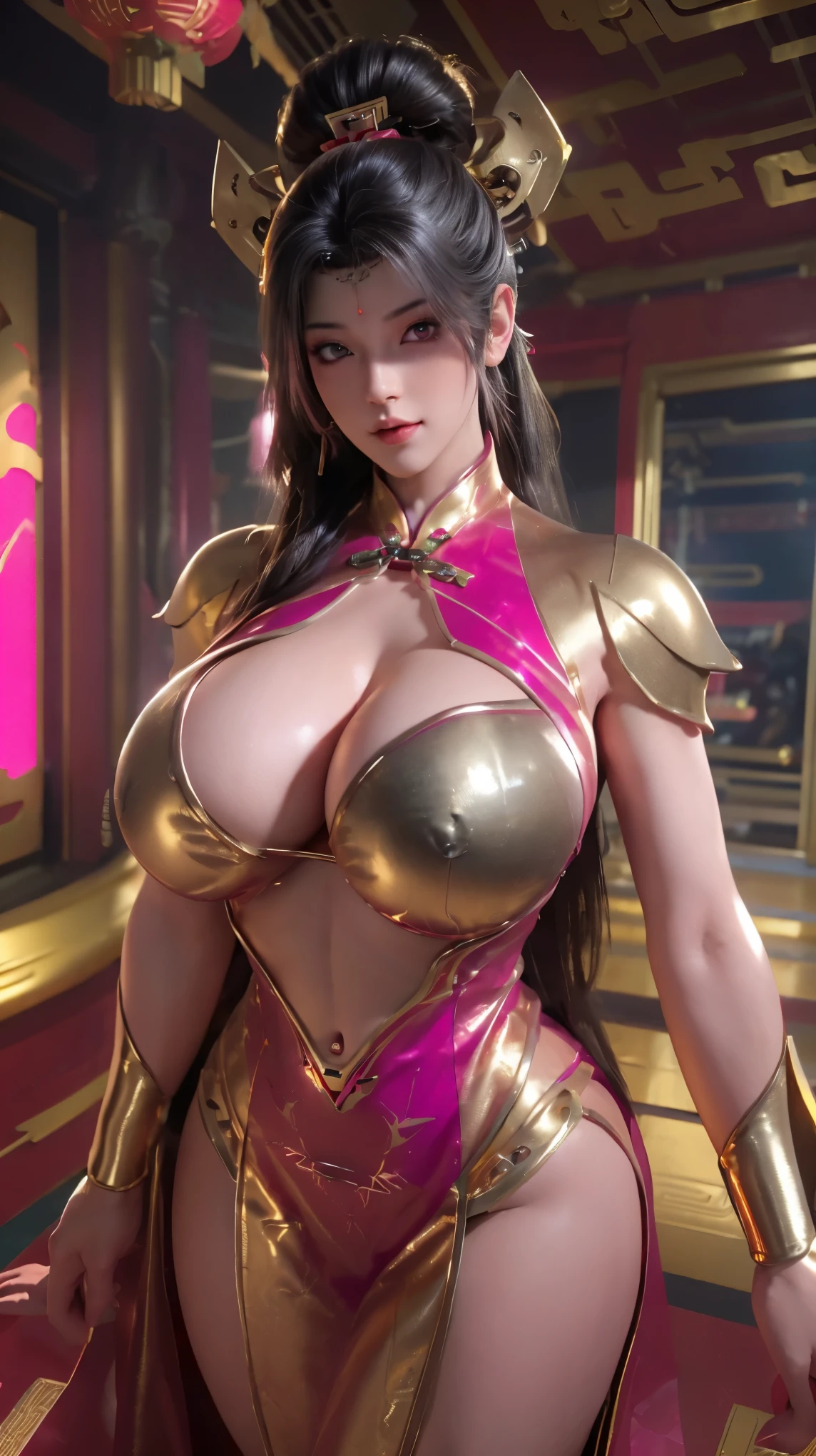 Vonzy (@vonnyfelicia 1.7M followers), CLOSE UP UPPER BODY,SOLO,(BEAUTY EHITE HAIR), (MASSIVE FAKE BOOBIES,CLEAVAGE TOP,MUSCULAR ABS:1.5), ((WEAR SEXY MAGENTA RED,GOLD LINE FUTURISTIC MECHA CHEONGSAM:1.5)),(CURVY MUSCULAR BODY SHAPE:1.5), (SWEATY GLOSSY BODYSKIN:1.5), (LOOKING AT VIEWER:1.5), (BACKGROUND FUTURISTIC GYM:1), (PHOTOREALSITIC:1.4), (ULTRA-DETAILLIERT), (TOP-QUALITY), (BEST SHADOWS), BRIGHT LIGHT IN ROOM, HYPER TEXTURE, (4X MSAA), ((UNREAL ENGINE 5 RENDER)), PHYSICALLY-BASED RENDERING, ULTRA HIGHT DEFINITION, 16K, 1080P.