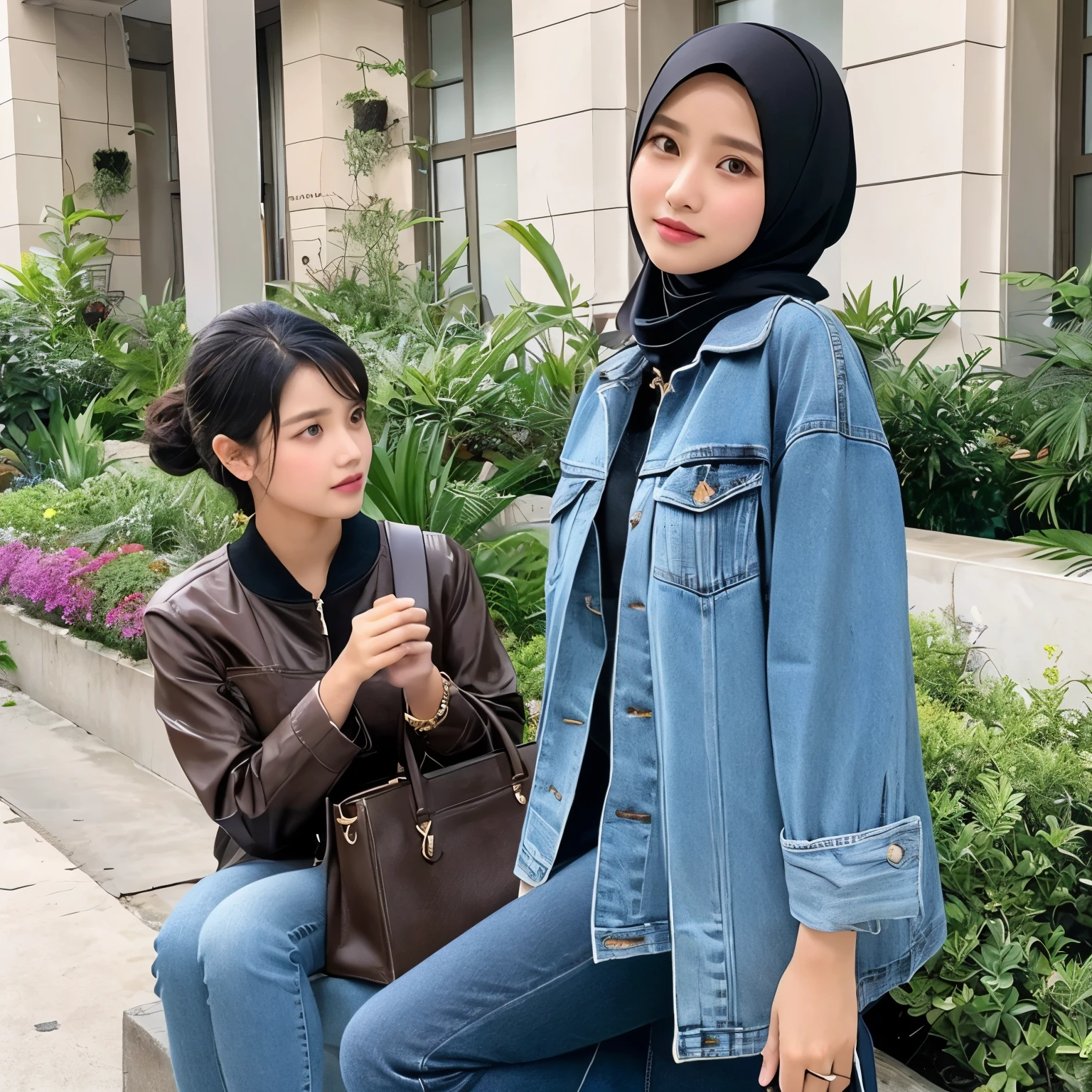 Seorang wanita berhijab motif bunga, menggunakan jaket jeans, menggunakan celana jeans biru, sepatu kets putih, sedang menunggu bus di halte