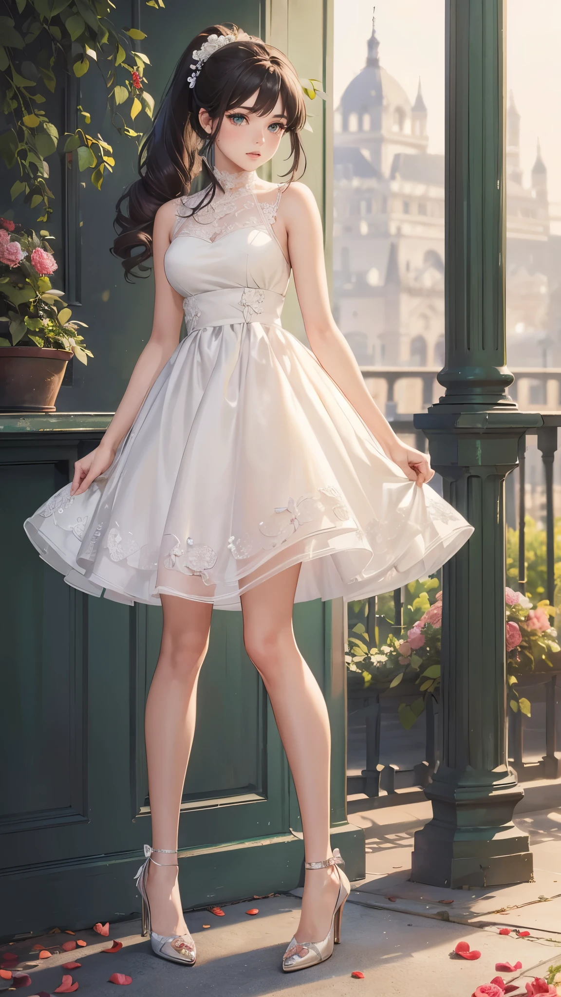 ((masterpiece, Best quality, a high resolution, ultra detailed),(beautiful and aesthetically pleasing:1.2), 1 woman, adult, perfect body, Wavy dark hair, green eyes, hair tied into a high beautiful ponytail, Detailed eyes and face, romantic pastel dress, organza elements on the dress, lace, ornament on fabric, airy dress, high heel shoes, Valentine's Day, romantic look in love, date, park, Bouquet of flowers, full body 