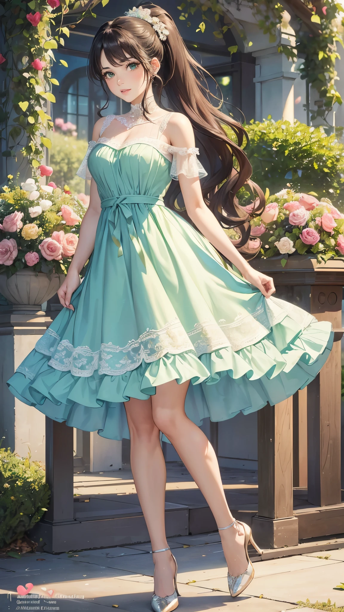 ((masterpiece, Best quality, a high resolution, ultra detailed),(beautiful and aesthetically pleasing:1.2), 1 woman, adult, perfect body, Wavy dark hair, green eyes, hair tied into a high beautiful ponytail, Detailed eyes and face, romantic pastel dress, organza elements on the dress, lace, ornament on fabric, airy dress, high heel shoes, Valentine's Day, romantic look in love, date, park, Bouquet of flowers, full body 