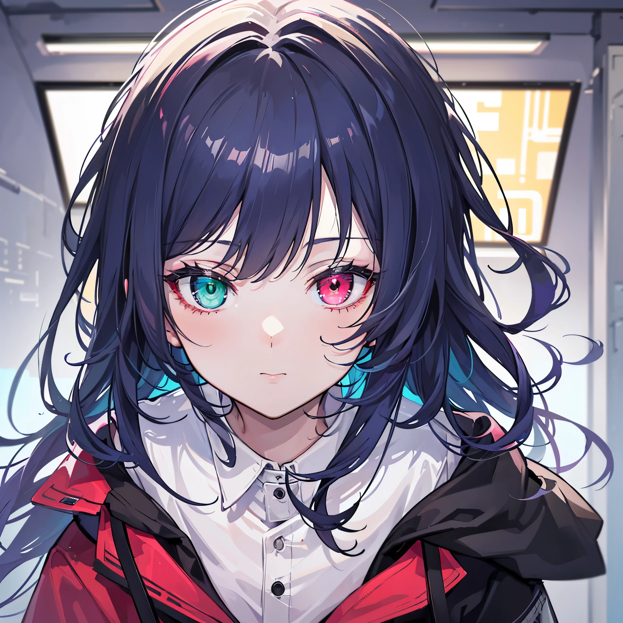 ((heterochromia)), close up portrait of A beautiful 20 yo woman, medium breasts, dark blue hair, green eyes, wavy hair, long hair, ((neon)), (pov), selfie, cinematic lighting, look at veiwer, wearing collared shirt in classroom. (((4k quality)))