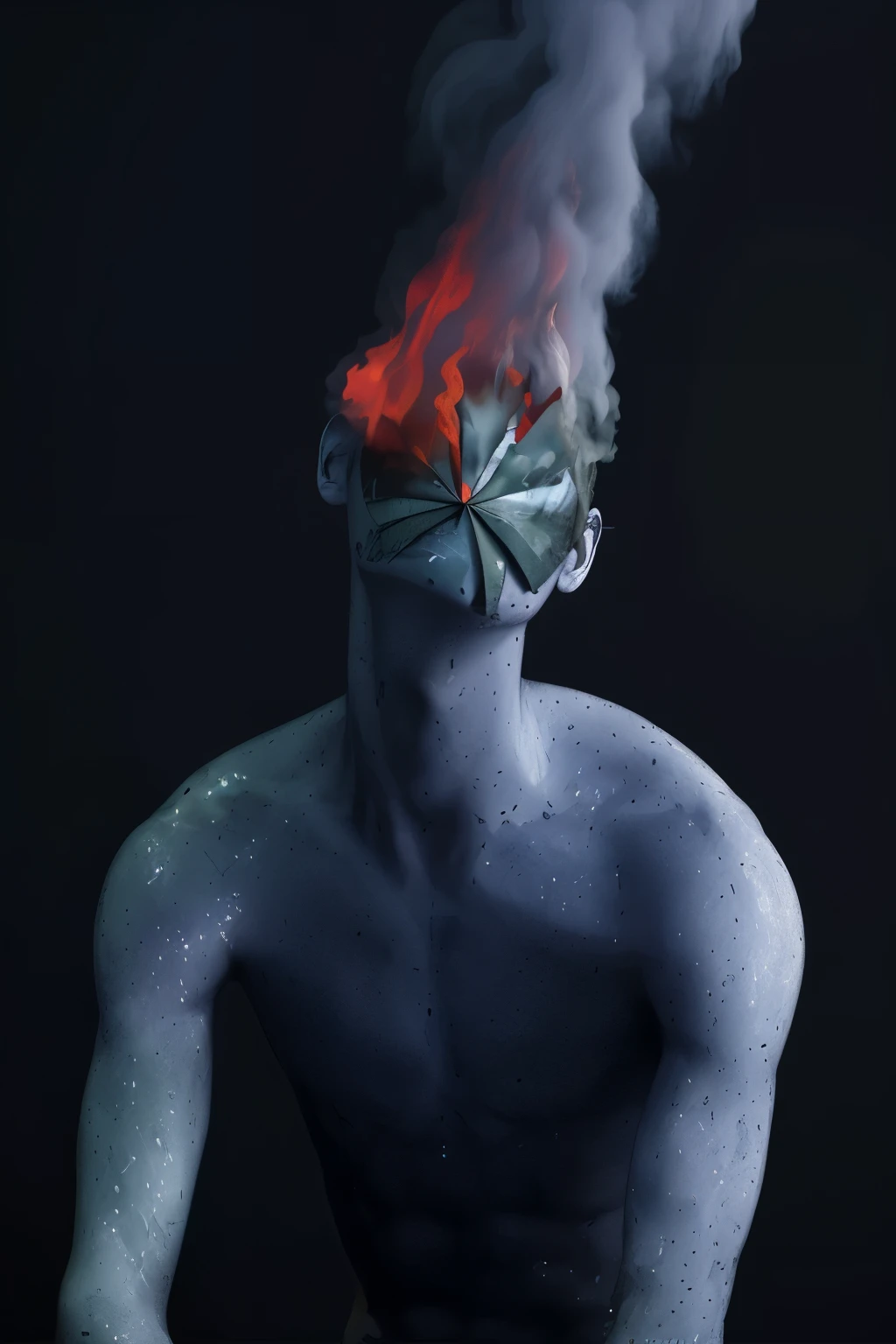 there's a man with a mask and a fire on his head, emergindo do fogo azul, respirando fogo azul, inspirado em Mike Winkelmann, inspirado em Alberto Seveso, personification of marijuana, todo o rosto coberto por fogo, Flor Borsi, digital art render, arte figurativa altamente conceitual, arte surrealista emocional, retrato surreal