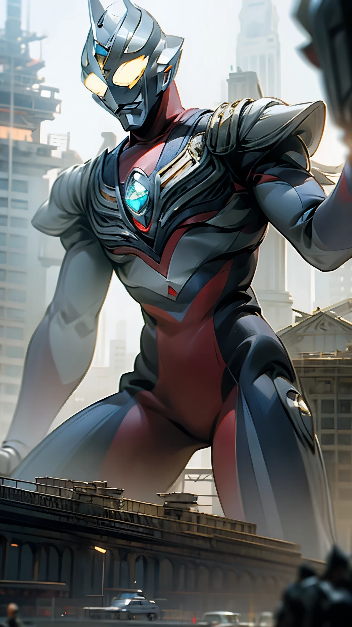 masterpiece,Best quality at best,1boys,extraterrestial,malefocus,独奏,1boys,Tokusatsu,full bodyesbian,(der riese),railing,glowing light eyes,from below,White eyes,城市,buliding,damaged buildings, Burly, Fitness model, Muscle lines are pronounce