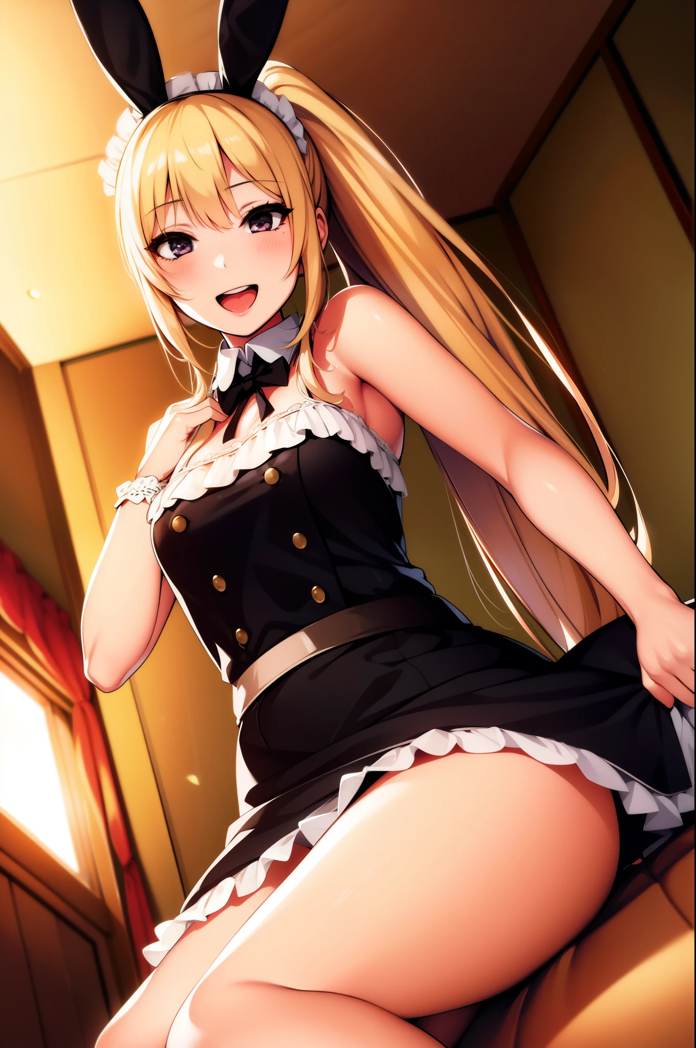 photorealistic, highres, detailed, cute woman with maid outfit, open mouth, black bunny ear band, blond hair, ponytail, embarrassed smile, blush, mini skirt, sit on sofa, side , from below