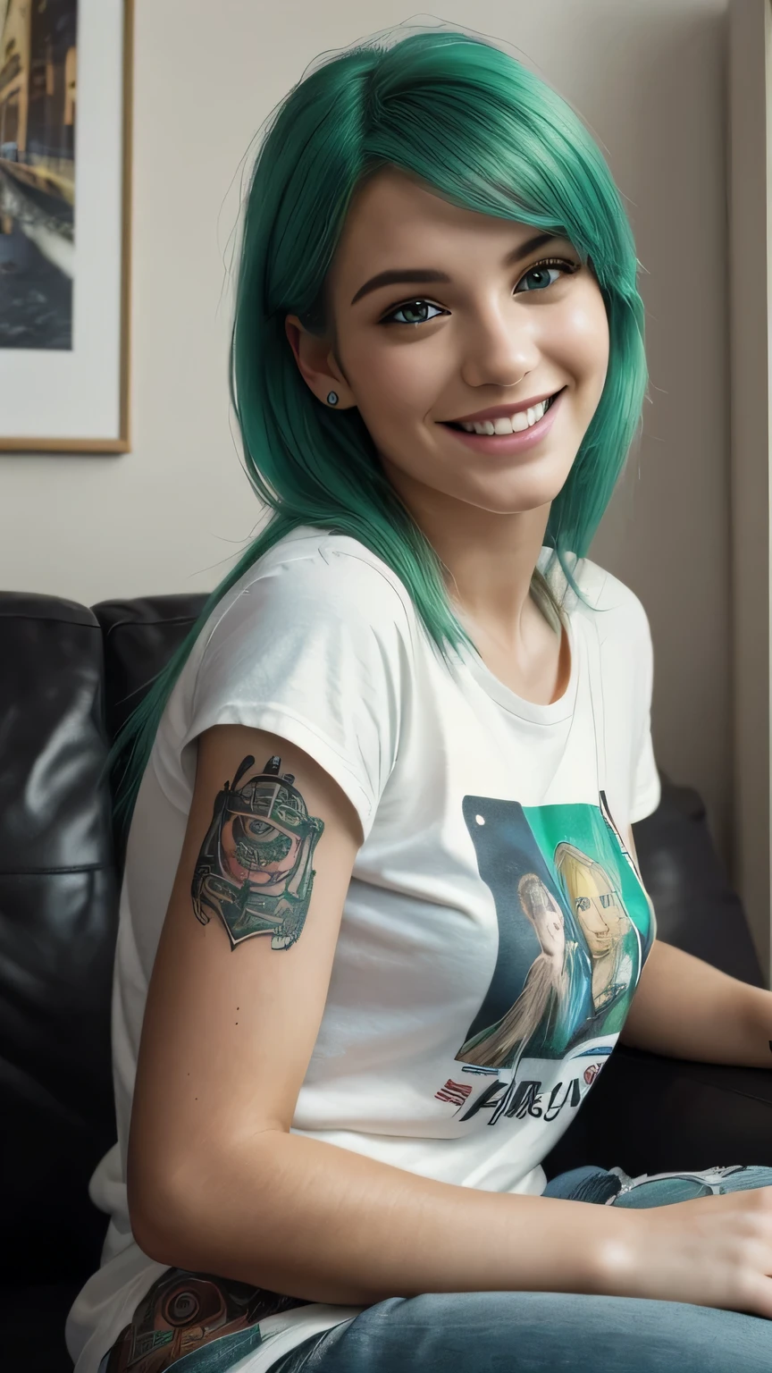 (best quality, 4k, 8k, highres, masterpiece:1.2), ultra-detailed, (realistic, photorealistic, photo-realistic:1.37), portraits, street photography, young woman, green hair, smiling, happy, cute t-shirt, arm tattoo, sofa,room, natural lighting