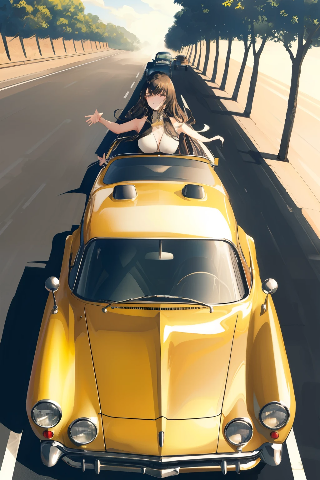 A sleek, vintage car – shimmering under the golden sun, its engine humming with power and grace. Reflections of the world around it dancing on the mirrored surface of the hood – the salient lines of its body accentuating every curve and crease. The powerful exhaust emitting plumes of smoke, a testament to its raw energy. A couple, locked in an embrace, their heads leaning against the cool window – lost in each other's eyes and the rhythm of the road. An overhead shot, first person perspective. The warm summer breeze playing with their hair as they cheekily wave to the passersby, completely oblivious to the enchanting world unfolding before their very eyes.