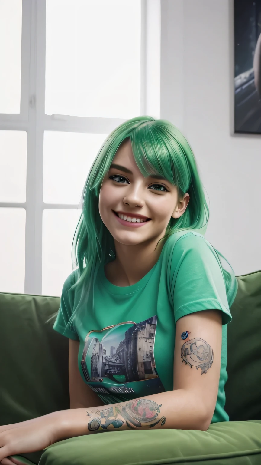 (best quality, 4k, 8k, highres, masterpiece:1.2), ultra-detailed, (realistic, photorealistic, photo-realistic:1.37), portraits, street photography, young woman, green hair, smiling, happy, cute t-shirt, arm tattoo, sofa,room, natural lighting