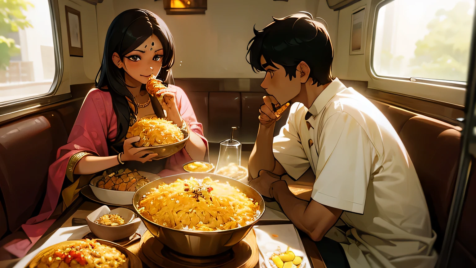 indian couple eating biriyani\