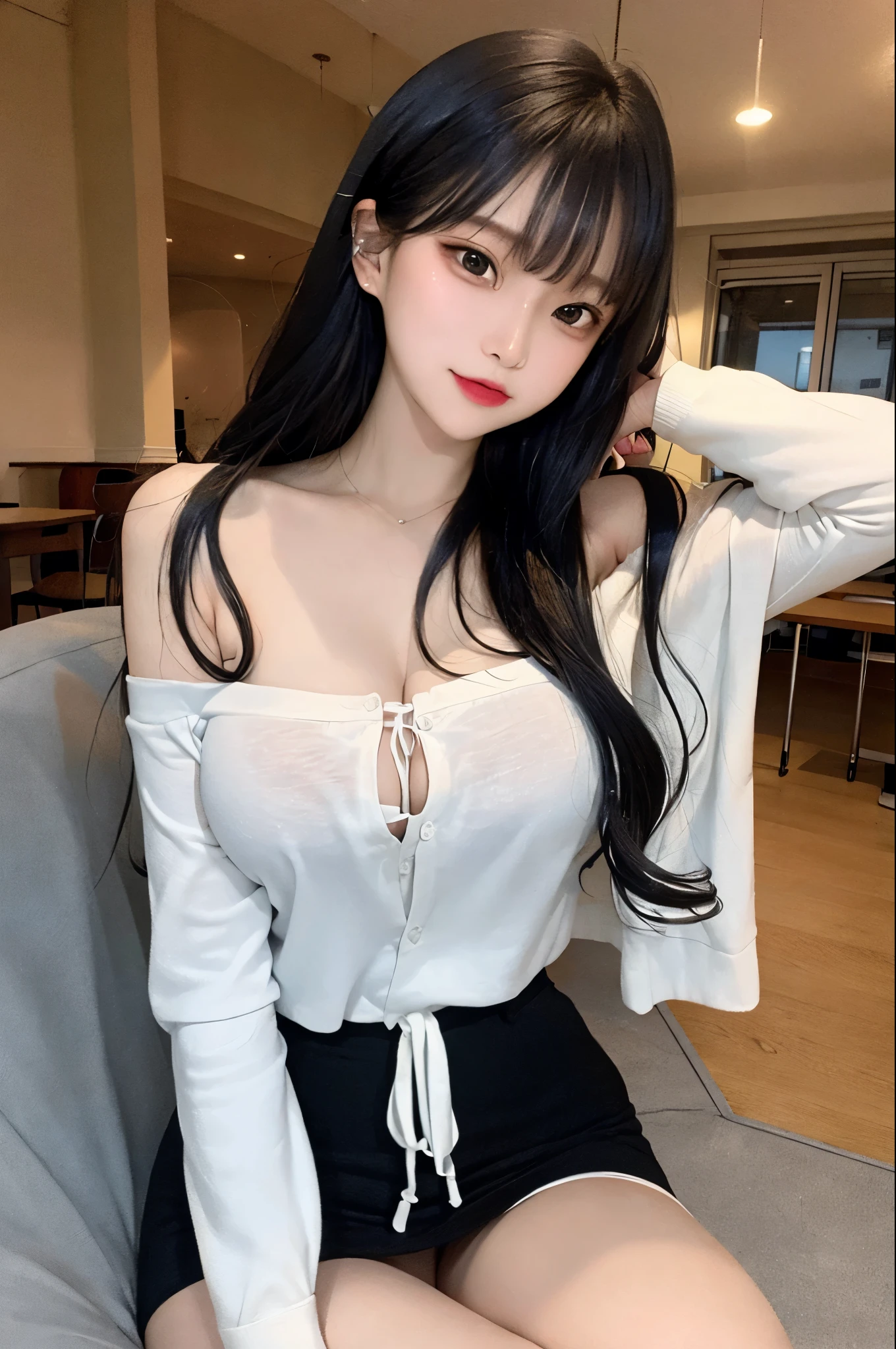 Black and white two ton hair 긴머리,Off shoulder,  shirt, Pencil skirt, 17-year-old female,masterpiece,high quality,exposing cleavage, light skin with exposed pelvis, Brightly shining hair, skinny, medium breats, masterpiece, cute girl, Distinct image, full bangs, cute,lolita,,necktie,The background is school, Seductive expression, Sit with your legs together so you can see your thighs clearly.