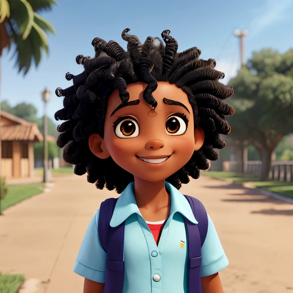 1 chico,((uniforme escolar)), cabello afro,sonrisa ligera, atletico,al aire libre,