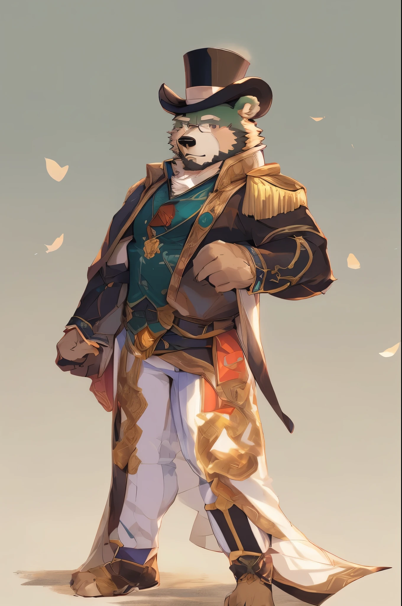 a drawing of jinpei in a top hat and top coat, delicate androgynous prince, highly detailed exquisite fanart, detailed anime character art, boris valejo. octopath traveler, ( ( character concept art ) ), beautiful androgynous prince, beautiful full body concept art, inspired by William Mustart Lockhart, highly detailed character design, dignified aristocrat, furry, furry bear, green fur, beard, mature, dilf, bulge, simple background