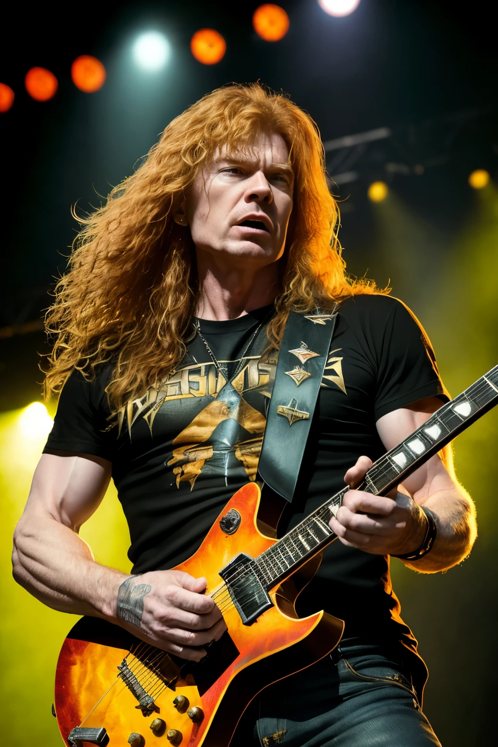 Photo of Dave Mustaine, the iconic lead vocalist and guitarist of Megadeth, (Rough textured, rugged appearance), ((Portrait)), ((Detailed face:1.2)), ((gritty facial features)), (aged lines and expression lines), (dark, piercing eyes), standing center stage, (dimly lit concert environment), Microphone in hand, (rock and roll ambiance),Raw and grungy, (edgy rock concert), immersive, (Passionate and intense performance), (Capture the essence of Dave Mustaine's iconic stage presence), (Detailed and high definition), photographed in a Canon EOS R5, 24-70