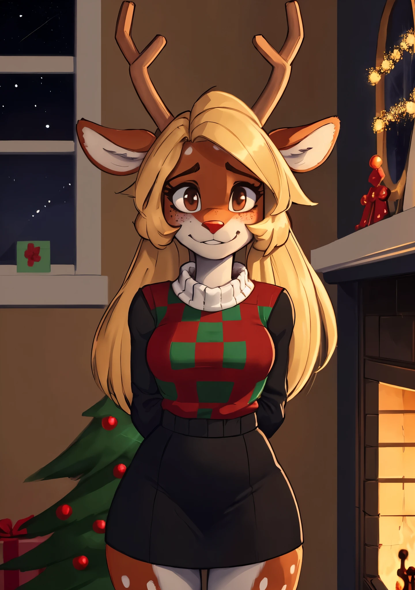 [noelleholiday], [Deltarune], [Uploaded to e621.net; (Pixelsketcher), (wamudraws), (woolrool)], ((masterpiece)), ((HD)), ((high res)), ((solo portrait)), ((front view)), ((waist-up)), ((front view)), ((furry; anthro)), ((detailed fur)), ((detailed shading)), ((beautiful render art)), ((intricate details)), {anthro deer; brown fur, red nose, brown eyebrows, (cute freckles), cute brown eyes, (short eyelashes), (deer antlers), long blonde hair, short fluffy tail, (white spots on thighs), (camel toe), (curvy hips), (beautiful legs), (blushing), (cute smirk), (nervous expression), (nervous expression)}, {(green and red white-collared checkered sweater), (black sleeves), (short black pencil skirt)}, {(standing), (nervous stance), (hands behind back), (looking at viewer)}, [background; (living room), (fireplace), (christmas decorations), (window), (snow in window), (starry sky)]