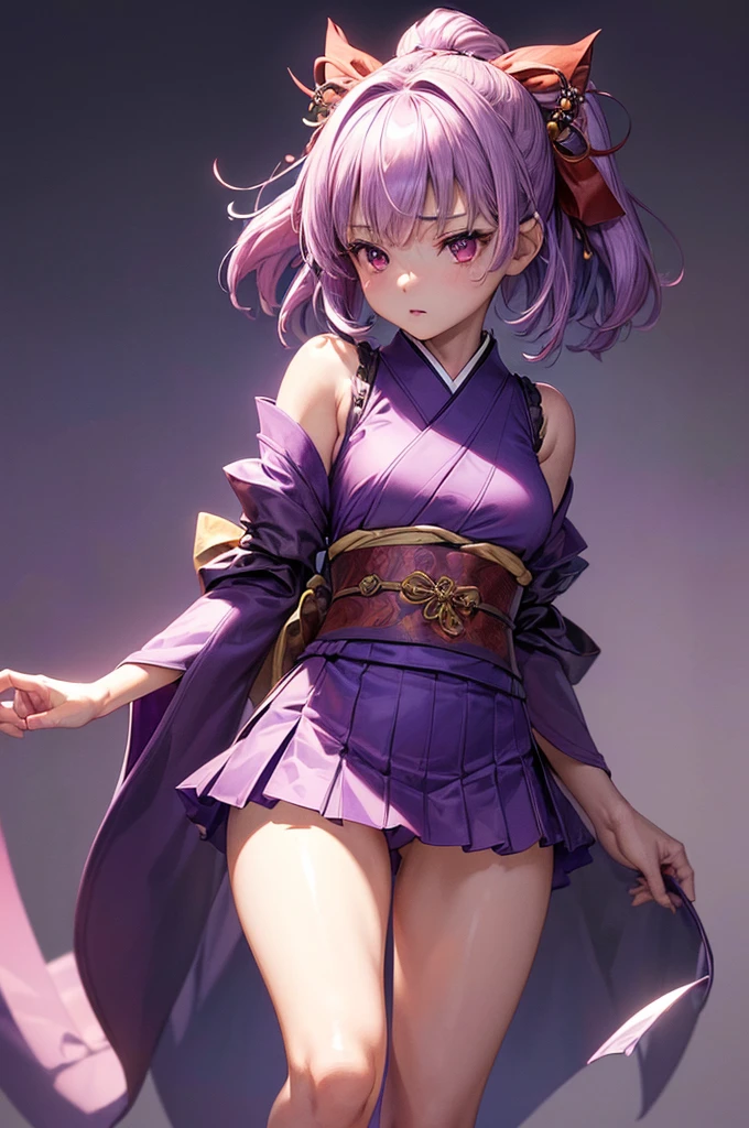 (((master piece, best quality, highly detailed, ultra detailed, extremely CG unity 8k wallpaper))), ((perfect anatomy)), ((perfect arms)),((perfect hands)),((perfect fingers)),((perfect legs)) ,1girl, cute, kawaii, kunoichi, light purple hair, red eyes,short hair, purple ribbon, purple thighhighs, purple japanese kimono, kimono is crotch length, detached sleeves,