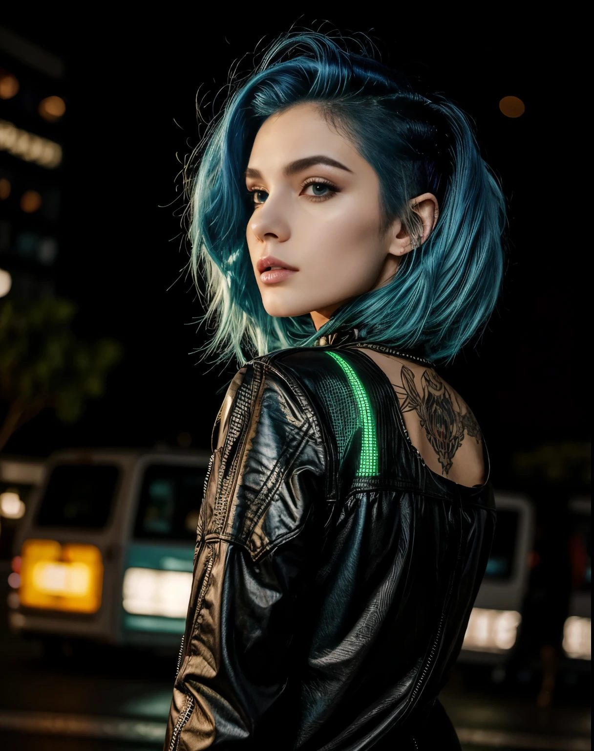 Beautiful woman, blue hair, night, 21 anos, cabelo preto, roupas de couro sexy, seios longos, estilo cyberpunk, realista detalhado, retrato, bunda ruim, Punk rock, rebelar-se, sexy, tiro de corpo inteiro