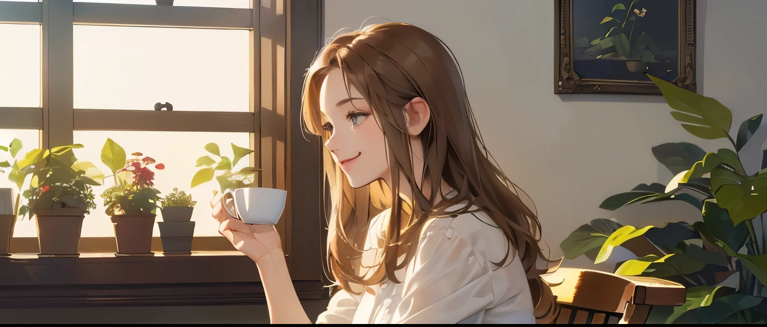 (table top, digital art, digital illustration, 4K, 8K, Super detailed, beautiful images, clear image, realistic, RAW photo, perfect face, )((Office with large windows,night,With a book in hand,Foliage plant)), スーツを着たwoman1人, (profile,Looking at the window,light brown hair,Beauty,cute,beautiful eyes,natural makeup,smile gently,A cup,woman, 23 years old:1.3)、romance