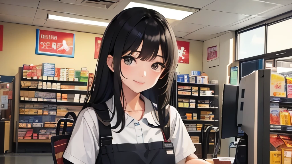 20-year-old、college age girl、Hair is black、long black hair、very cute、Convenience store clerk、working at a convenience store、very smiling、have a lunch box