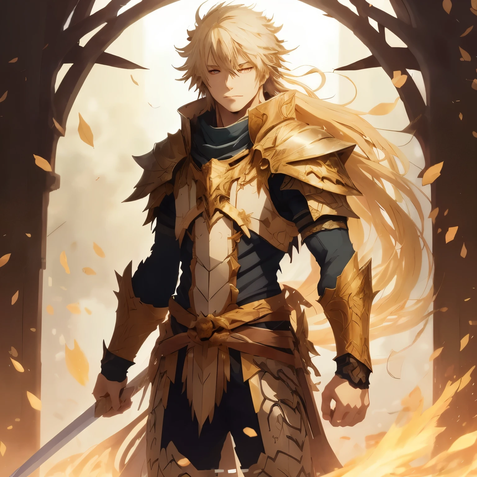 personagem de anime com longos cabelos loiros e armadura segurando uma espada, a human Paladino masculino, paladino de ouro, Paladino masculino, handsome guy in demon slayer art, armadura de ouro claro, paladin armadura dourada, vestido com armadura leve, angelic armadura dourada, arte casimiro, armadura dourada, arte principal do anime, keqing do impacto genshin, elfo loiro masculino ranger