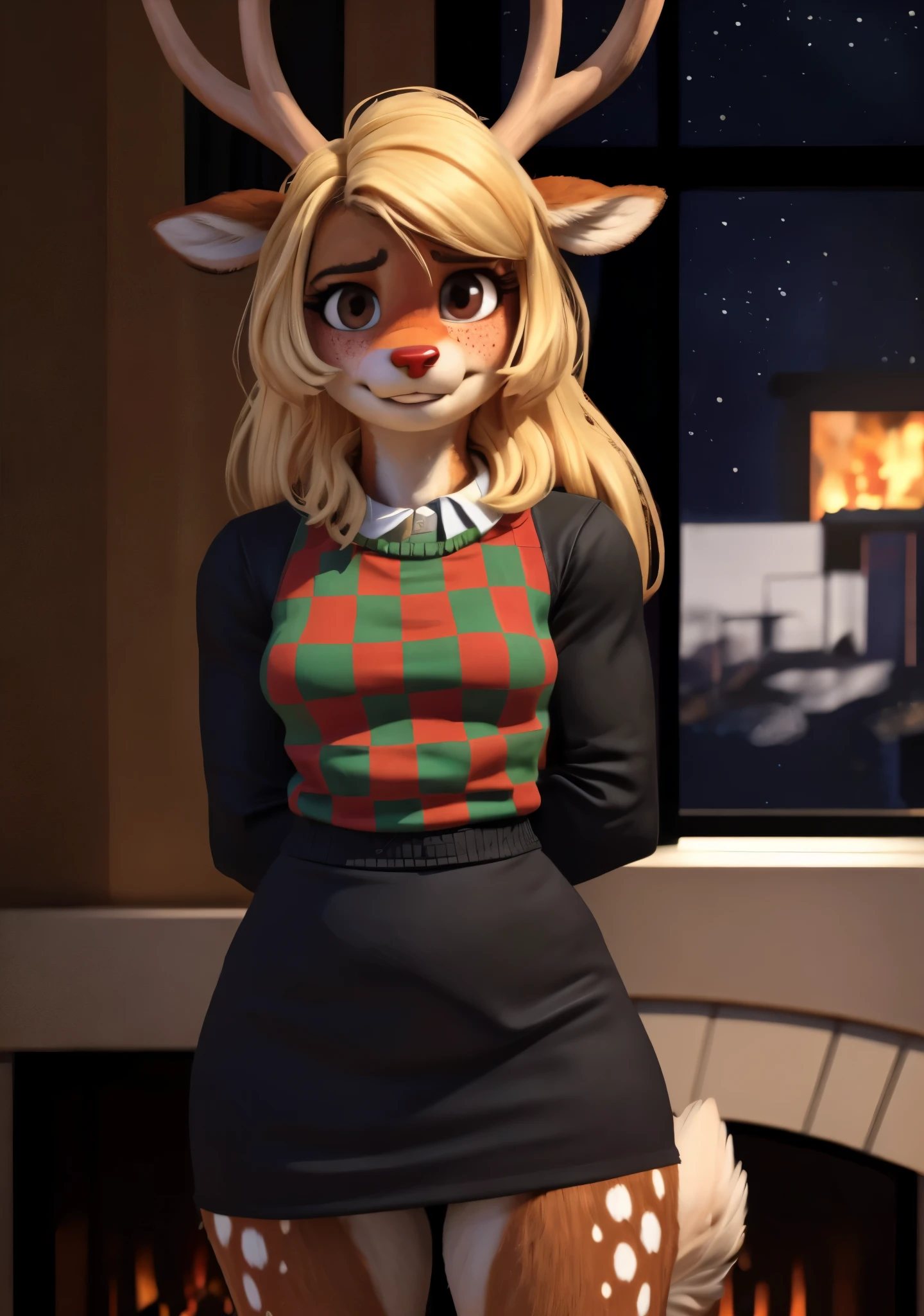 [noelleholiday], [Deltarune], [Uploaded to e621.net; (Pixelsketcher), (wamudraws), (woolrool)], ((masterpiece)), ((HD)), ((high res)), ((solo portrait)), ((front view)), ((waist-up)), ((front view)), ((furry; anthro)), ((detailed fur)), ((detailed shading)), ((beautiful render art)), ((intricate details)), {anthro deer; brown fur, red nose, brown eyebrows, (cute freckles), cute brown eyes, (short eyelashes), (deer antlers), long blonde hair, short fluffy tail, (white spots on thighs), (camel toe), (curvy hips), (beautiful legs), (blushing), (cute smirk), (nervous expression), (nervous expression)}, {(green and red white-collared checkered sweater), (black sleeves), (short black pencil skirt)}, {(standing), (nervous stance), (hands behind back), (looking at viewer)}, [background; (living room), (fireplace), (christmas decorations), (window), (snow in window), (starry sky)]