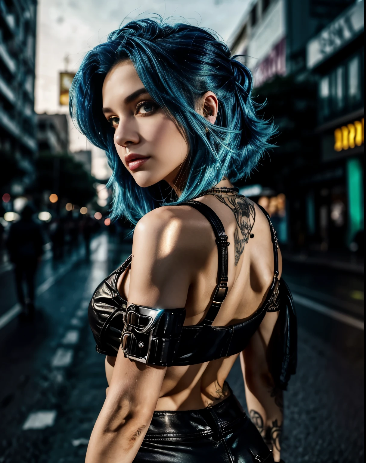 Beautiful woman, blue hair, night city, 21 anos, cabelo preto, roupas de couro sexy, seios longos, estilo cyberpunk, realista detalhado, retrato, bunda ruim, Punk rock, rebelar-se, sexy, tiro de corpo inteiro