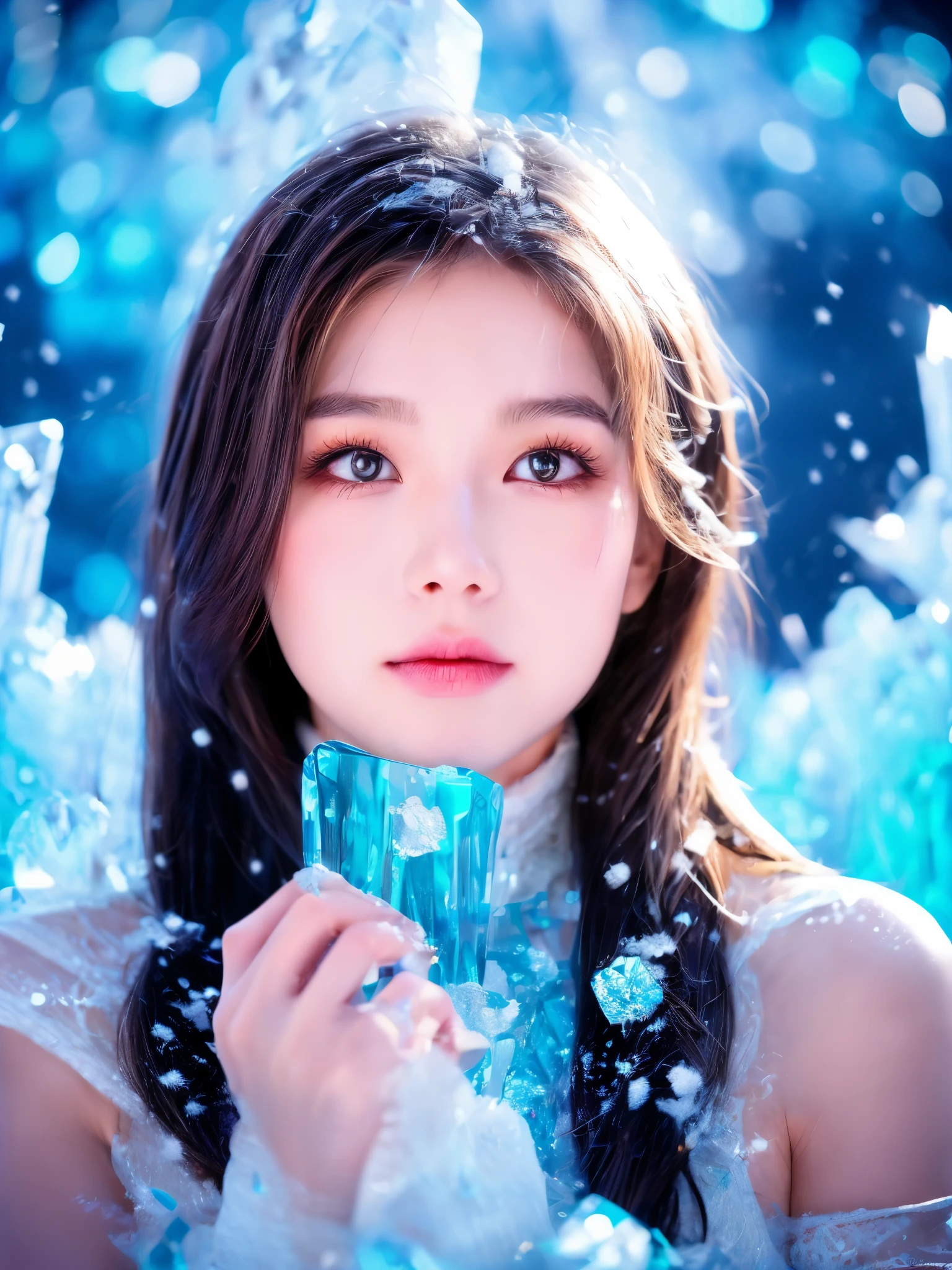 (best quality,4k,8k,highres,masterpiece:1.2),ultra-detailed,(realistic,photorealistic,photo-realistic:1.37),portraits,ice sculpture,girl,winter,delicate facial features,crystal-clear icicles,shimmering snowflakes,subtle shades of blue,ethereal light,sparkling surface reflection,frosty atmosphere,snow-covered landscape,subzero temperature,icy cold air,intense focus on the girl's eyes and lips,frozen beauty,frozen tears,frozen flowers,icy dress,serene expression,gentle snowfall,pure white backdrop,snowflakes gently falling on her eyelashes,ice castle in the background,delicate and intricate ice carvings,glowing moonlight,turquoise glacial hues,winter wonderland