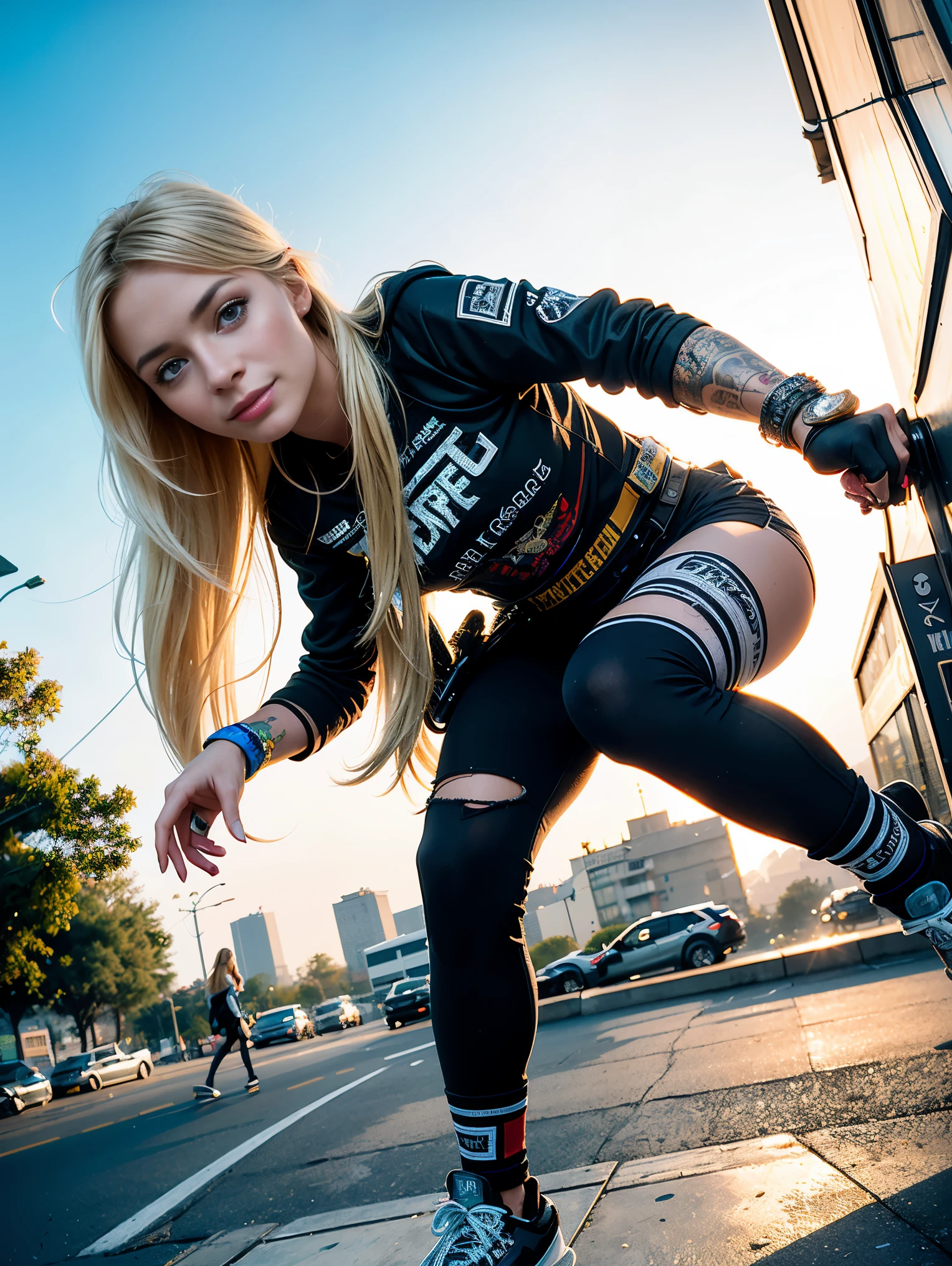 An ultrarealistic selfie of a skater woman, age 23, long blonde hair, cocky grin), skateboarding alongside busy street, detailed background, by sandra chevrier and greg rutkowski and wlop, bright light, digital art, highly detailed, fine detail, intricate, ornate, complex, octane render, unreal engine, photorealistic, 8k, 16k,