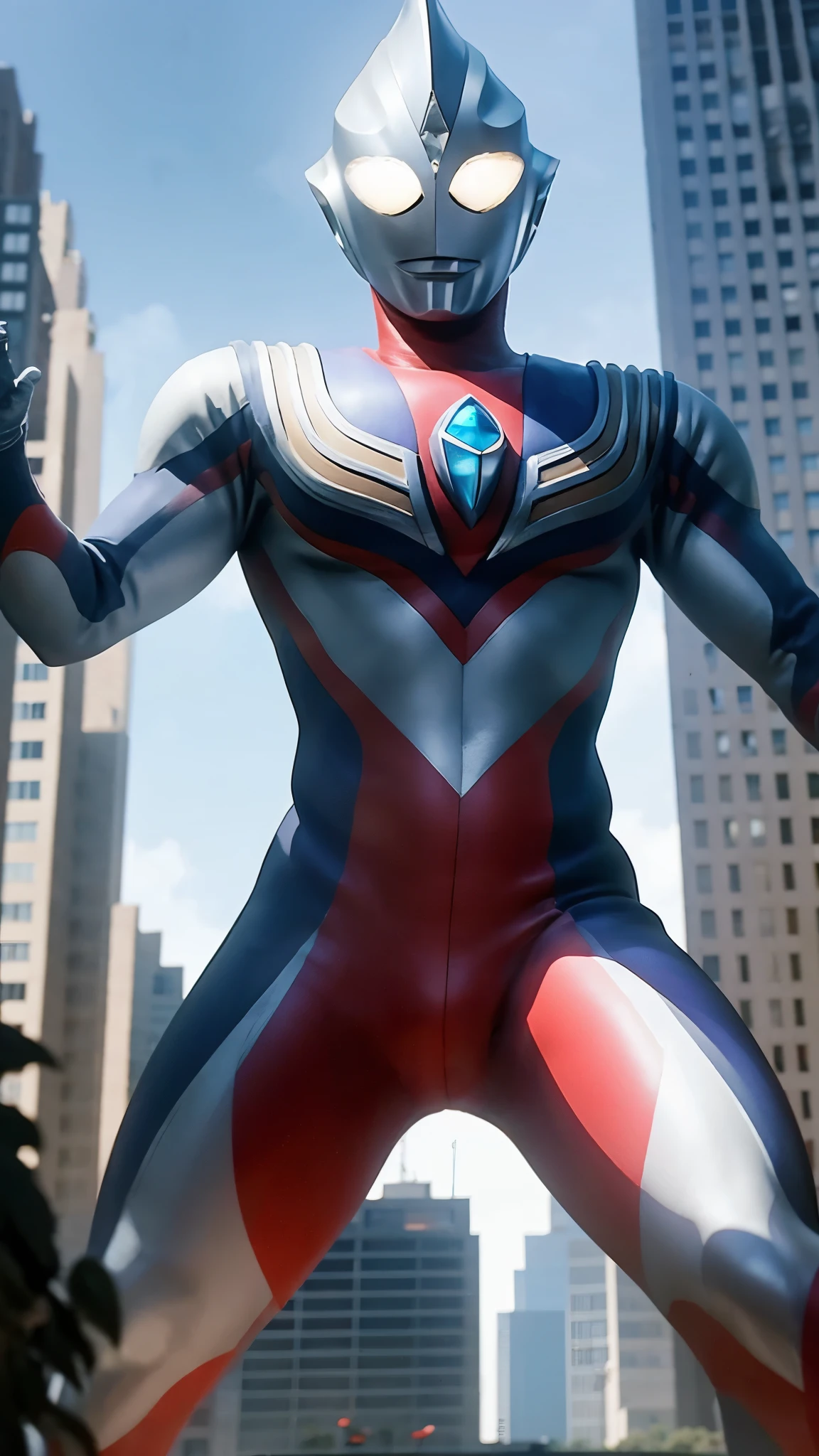 masterpiece,Best quality at best,1boys,extraterrestial,malefocus,独奏,1boys,Tokusatsu,full bodyesbian,(der riese),railing,glowing light eyes,from below,White eyes,城市,buliding,damaged buildings, Burly, Fitness model, Muscle lines are pronounce