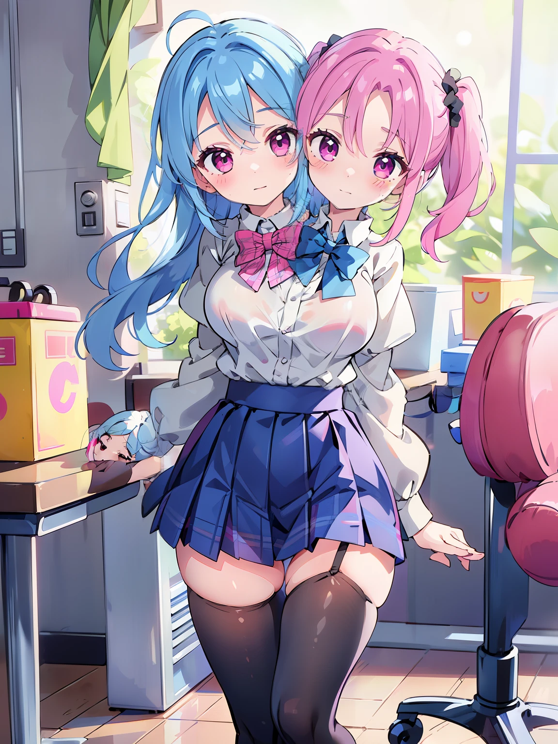 best quality, (masterpiece),(ultra-detailed), (high quality), (high resolution), ((2heads:1.5)), 1girl, ((blue hair)),((magenta pink hair)), black eyes,  black thighhighs, pleated skirt, plaid skirt, worker uniform, one side up, ((blue bow tie)), sweater, white shirt, hair scrunchie, miniskirt, cowboy shot, standing, ((toy factory background))