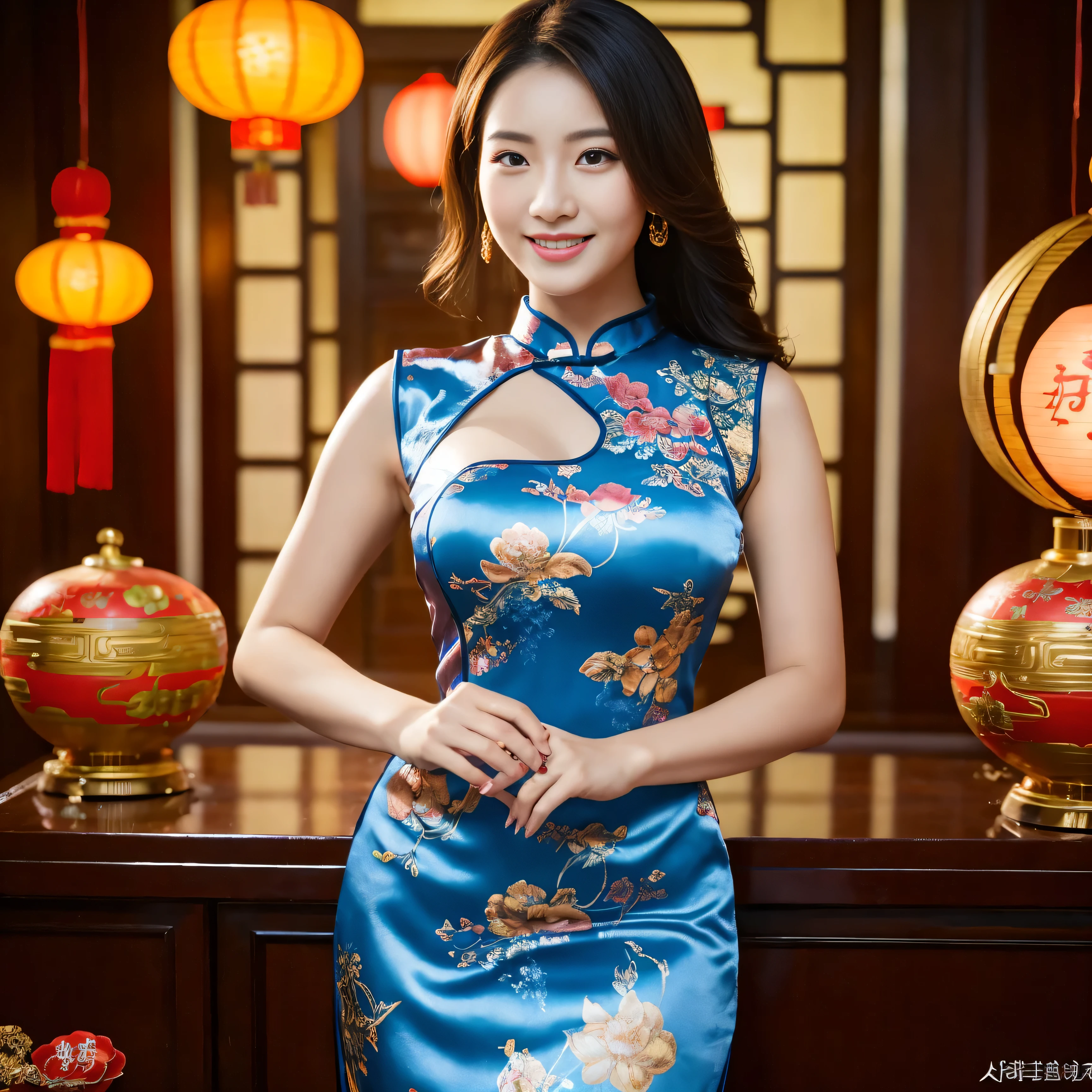 beautiful chinese girl (Portrait) (Big breasts 1.8) (sexy pose) (charming) (sweet smile) full body photo, Weekdays, rounded hair, wearing a Cheongsam, Dark red tones, Cheongsam, clean chinese dress. Decorated with small Chinese flower patterns./dragon, silk, Gold Bracelet, matching high heels, holding a random bag, Standing to welcome Chinese New Year 2024, Ambient light. Overlay of dynamic body poses, fine-tuning contrast and saturation.. Set contrast, details, and the sharpness of movie photography scenes.