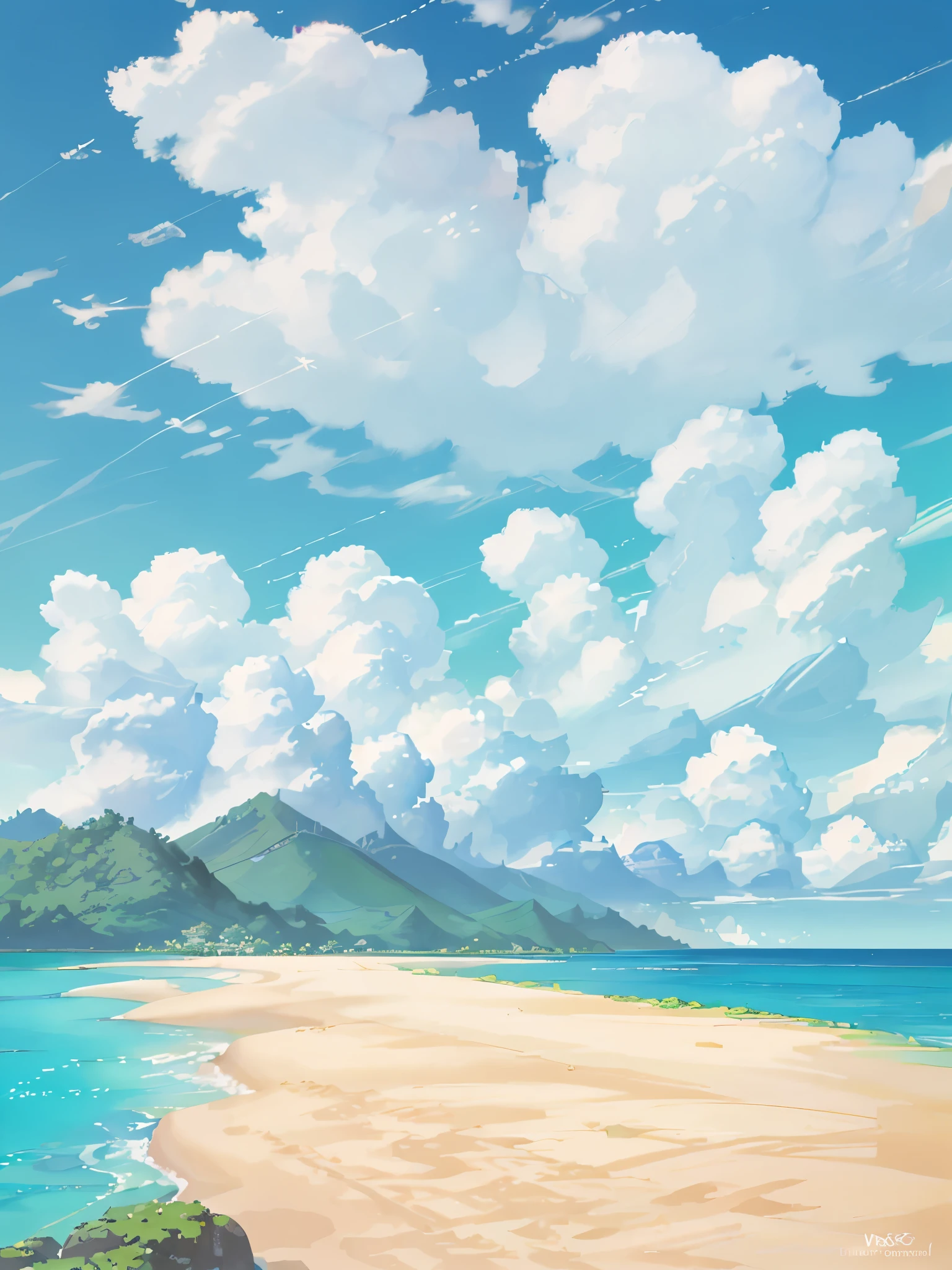 (High quality, high resolution) 3Delight beach scenery, halo 8K, beach details depicted clearly, fresh summer feeling, coconut trees and coconut, full detail.