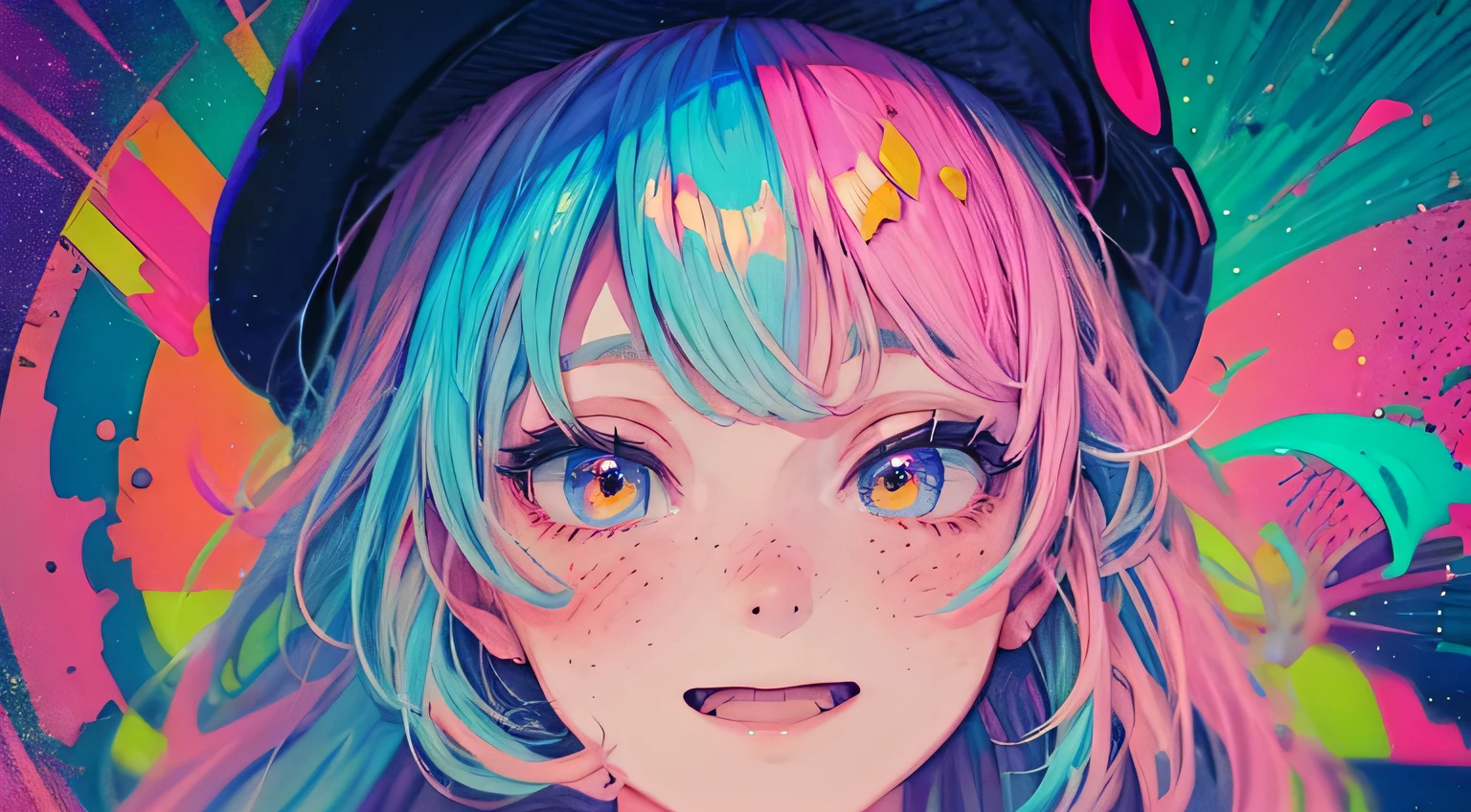 best quality, 4K wallpaper, masterpiece, extremely detailed CG unity 8k wallpaper, extremely detailed eyes, ultra-detailed, intricate details, face close up 1 happy smile shy girl in center, (no hand) retro art style, neon_pop art style, public, highway road, lake, mountain, car
