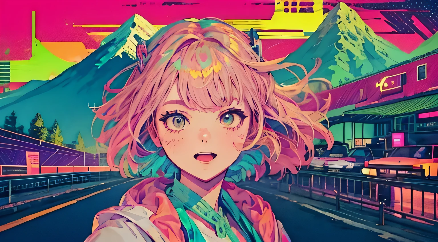 best quality, 4K wallpaper, masterpiece, extremely detailed CG unity 8k wallpaper, extremely detailed eyes, ultra-detailed, intricate details, face close up 1 happy smile shy girl in center, retro art style, neon_pop art style, public, highway road, lake, mountain, car