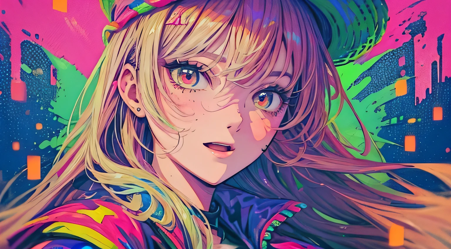 best quality, 4K wallpaper, masterpiece, extremely detailed CG unity 8k wallpaper, extremely detailed eyes, ultra-detailed, intricate details, face close up 1 happy smile shy girl in center, retro art style, neon_pop art style, public, highway road, lake, mountain, car