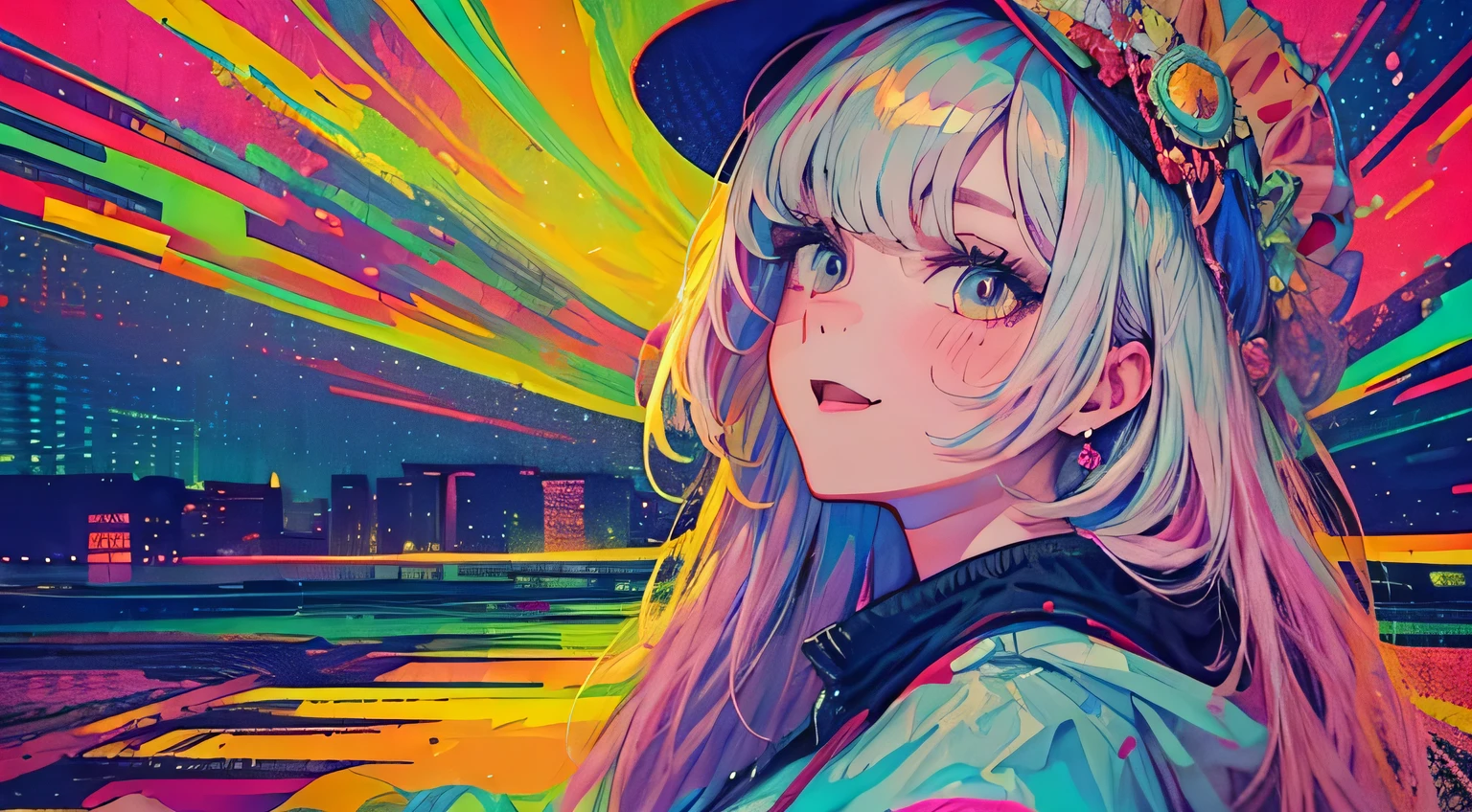 best quality, 4K wallpaper, masterpiece, extremely detailed CG unity 8k wallpaper, extremely detailed eyes, ultra-detailed, intricate details, face close up 1 happy smile shy girl in center, retro art style, neon_pop art style, public, highway road, lake, mountain, car