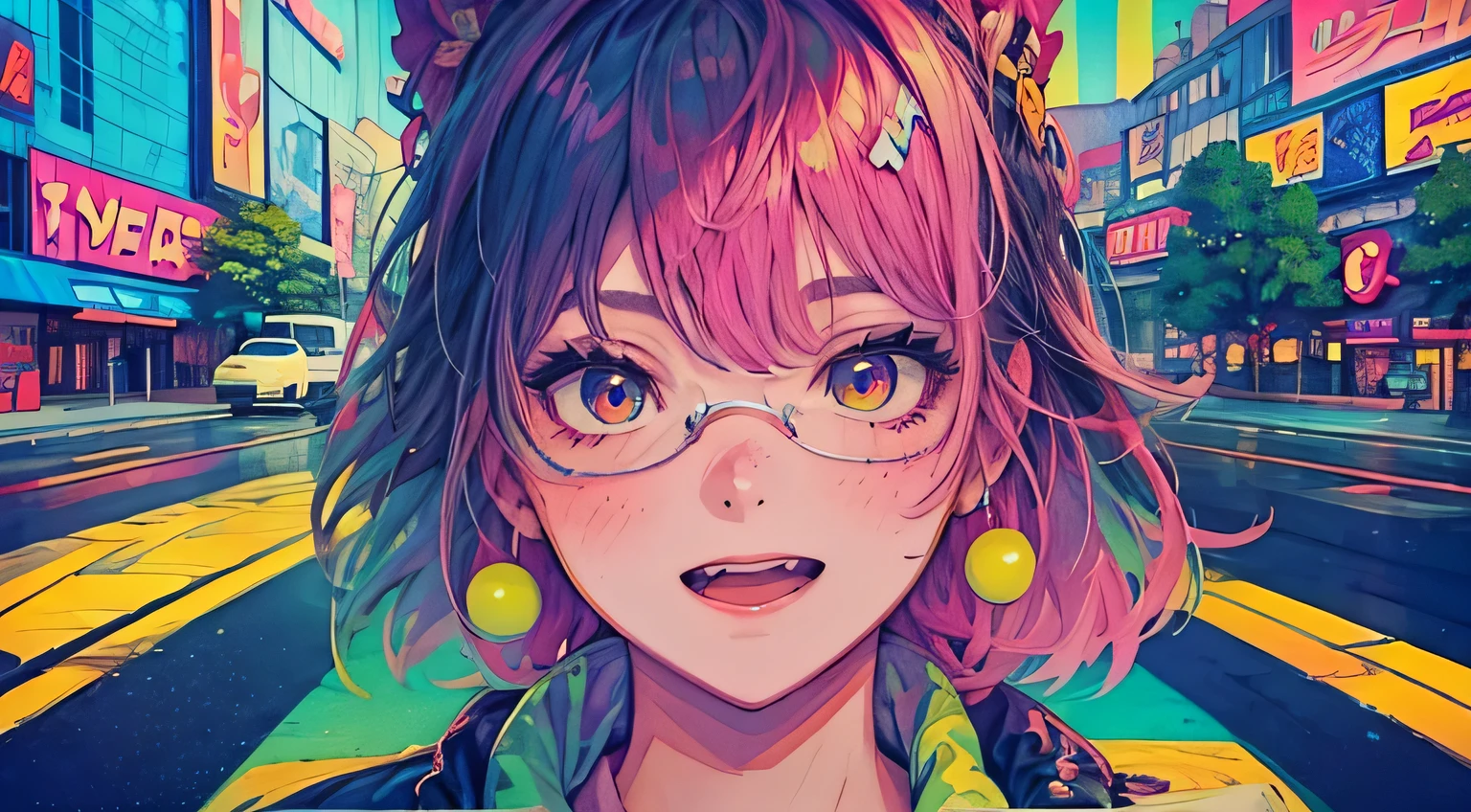 best quality, 4K wallpaper, masterpiece, extremely detailed CG unity 8k wallpaper, extremely detailed eyes, ultra-detailed, intricate details, face close up 1 happy smile shy girl in center, retro art style, neon_pop art style, public, highway road, lake, mountain, car