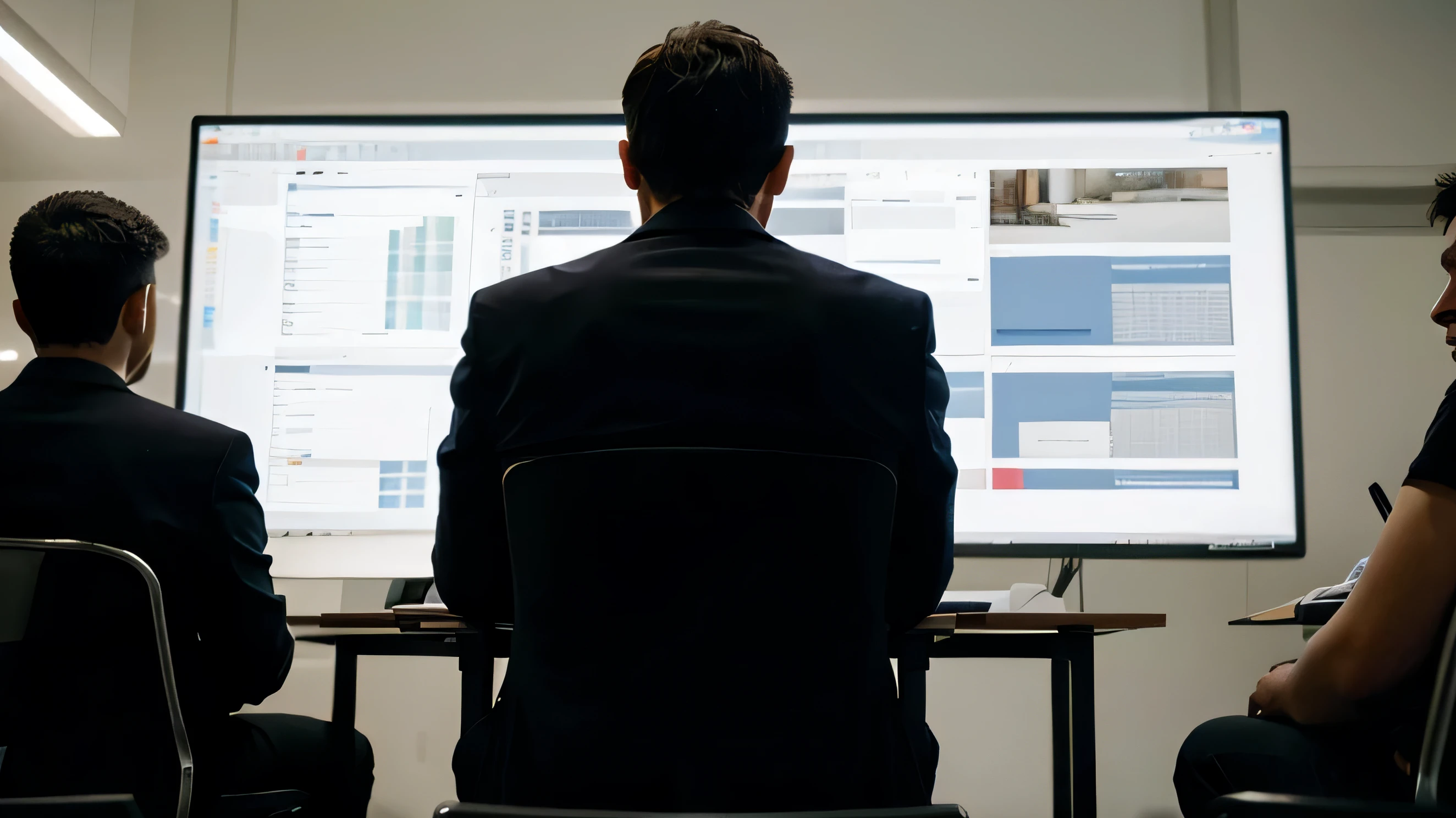 Guy attending a meeting with team members in a 9-5 job. Picture is taken from his back