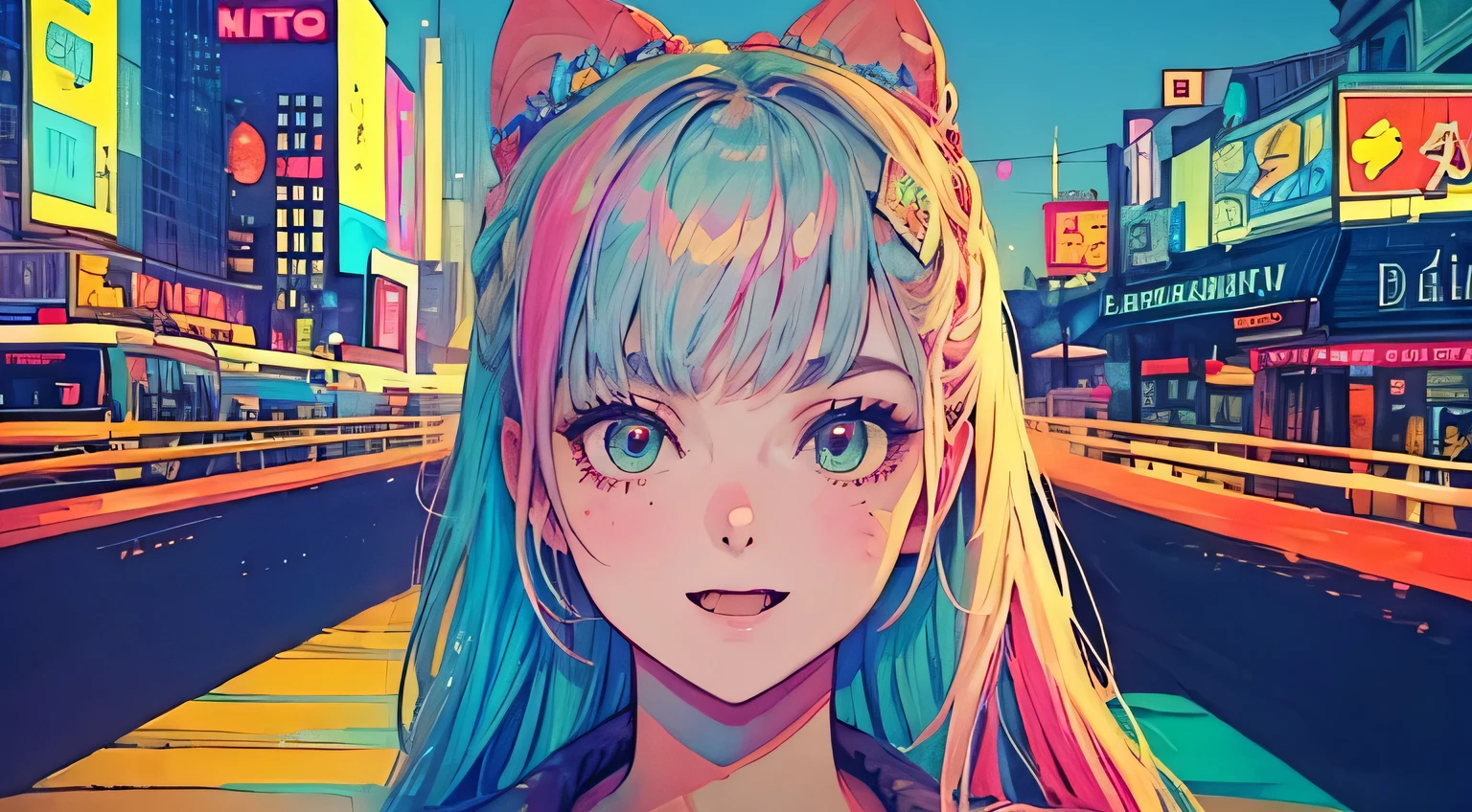 best quality, 4K wallpaper, masterpiece, extremely detailed CG unity 8k wallpaper, extremely detailed eyes, ultra-detailed, intricate details, face close up 1 happy smile shy girl in center, retro art style, neon_pop art style, public, highway road, lake, mountain, car