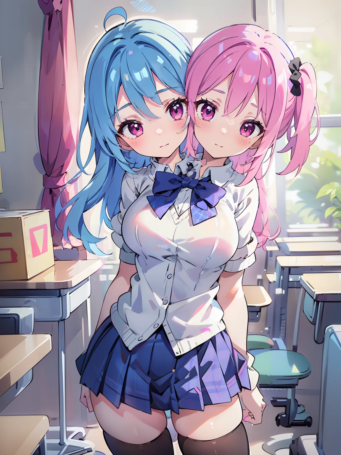 best quality, (masterpiece),(ultra-detailed), (high quality), (high resolution), ((2heads:1.5)), 1girl, ((blue hair)),((magenta pink hair)), black eyes,  black thighhighs, pleated skirt, plaid skirt, worker uniform, one side up, ((blue bow tie)), sweater, white shirt, hair scrunchie, miniskirt, cowboy shot, standing, ((toy factory background))