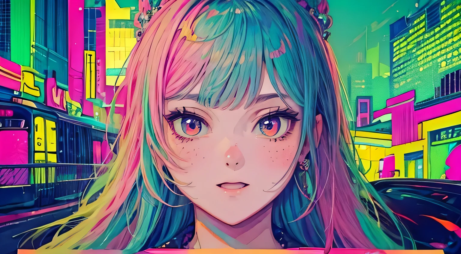 best quality, 4K wallpaper, masterpiece, extremely detailed CG unity 8k wallpaper, extremely detailed eyes, ultra-detailed, intricate details, face close up 1 happy smile shy girl in center, retro art style, neon_pop art style, public, highway road, lake, mountain, car